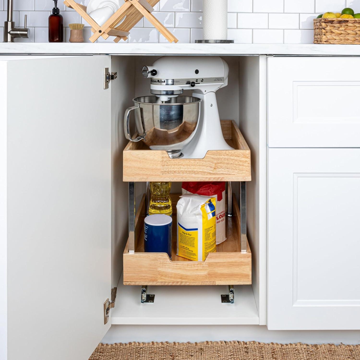 Household Essentials Glidez Steel and Wood Pull-Out/Slide-Out Storage Organizer for Under Cabinet Use - 2 -Tier Design - Fits Standard Size Cabinet or Shelf, Brushed Nickel and Natural