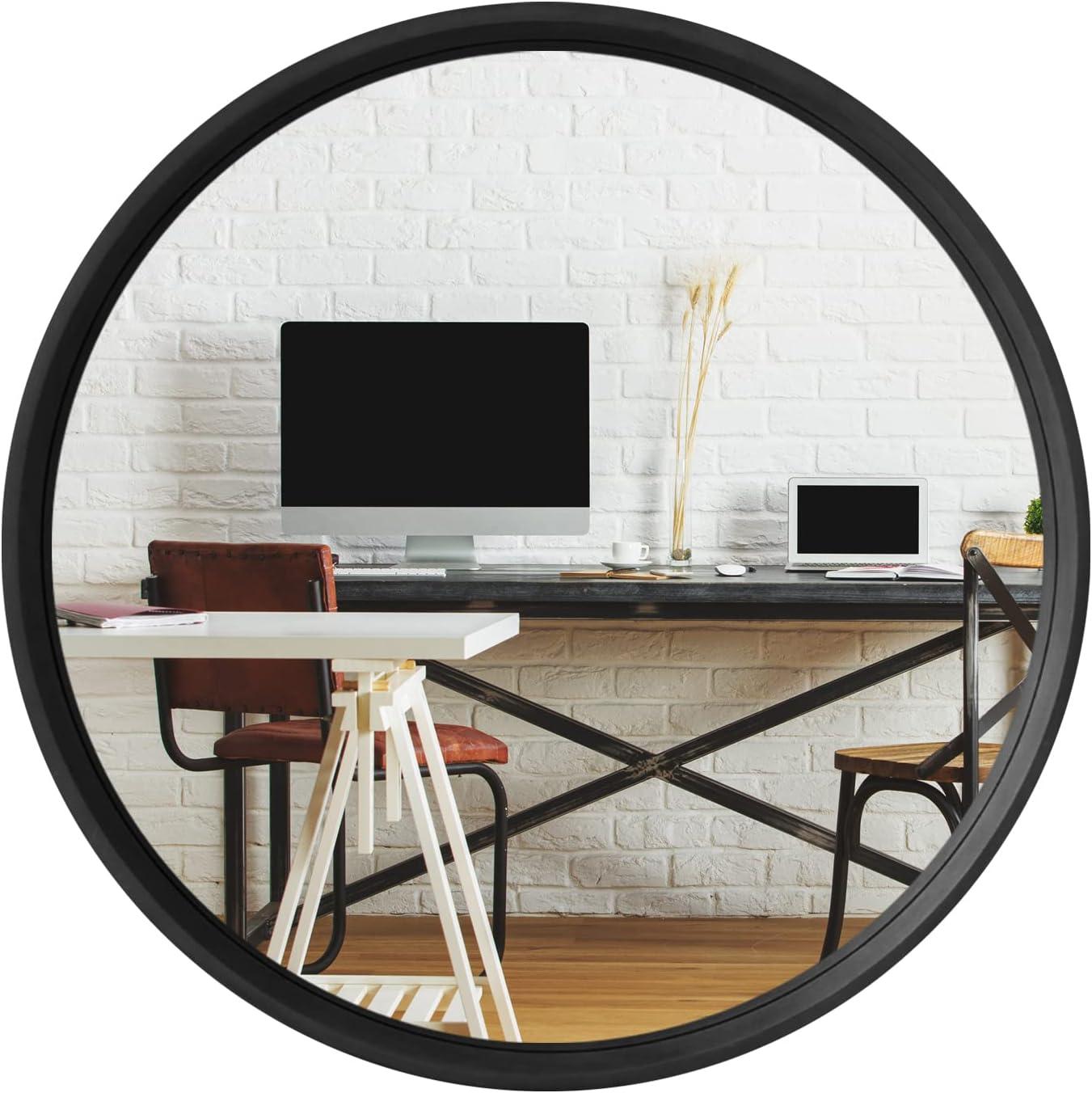 Satin Black Round Pine Wood Wall Mirror, 24-inch