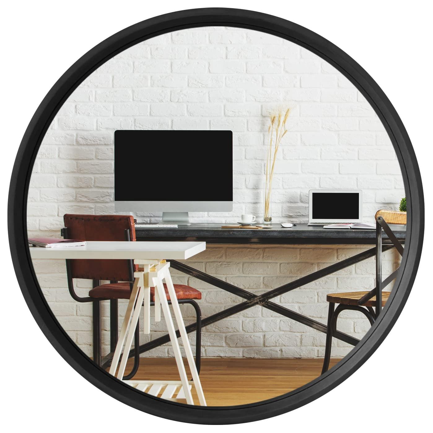 WallBeyond Classic Wooden Frame Farmhouse Round Wall Mirror Satin Black 24 inches Black
