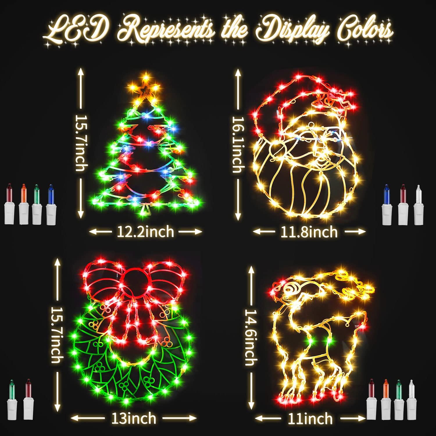 16 Inch Christmas Window Silhouette Lights Decorations, 4 Pack Waterproof Window Hanging Lights Elk, Christmas Tree, Santa Claus, Wreaths for Party, Home Indoor Outdoor Wall - 200 Mini Bulbs