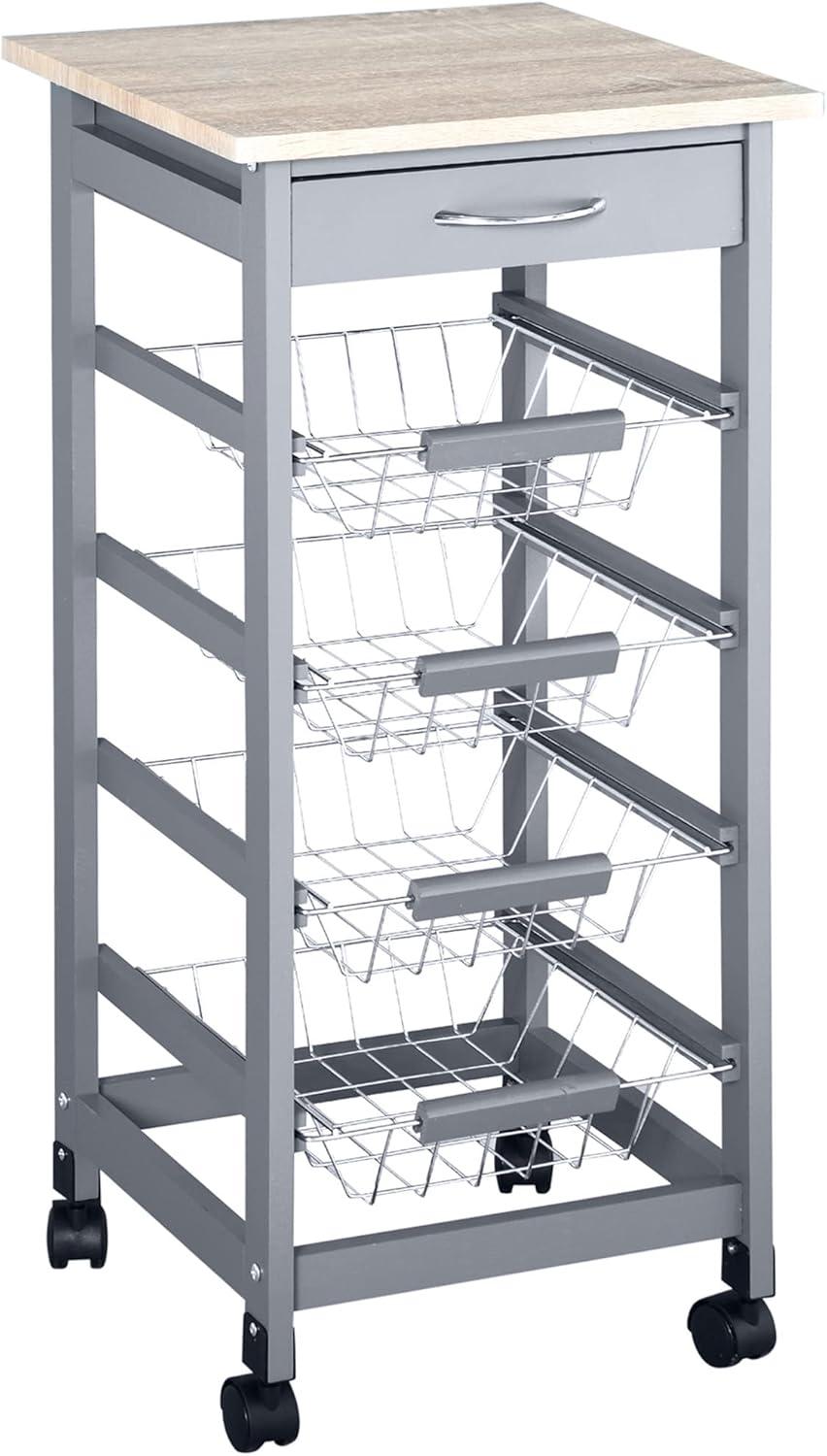 HOMCOM 32.25" Wooden Rolling Kitchen Storage Cart, Trolley Cart on 360° Swivel Wheels with Storage Drawer, Gray