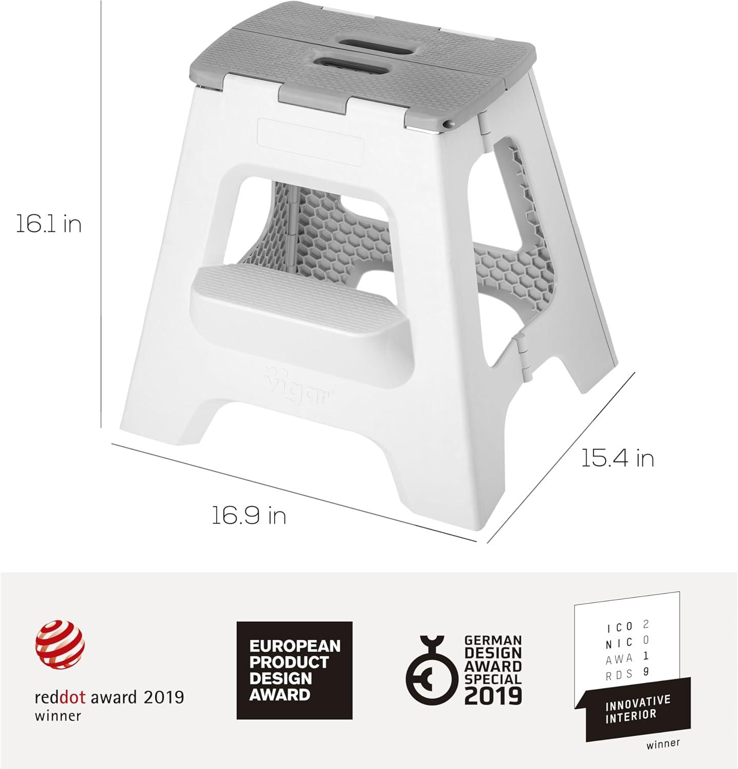 Gray Foldable 2-Step Plastic Stool with Non-Slip Surface