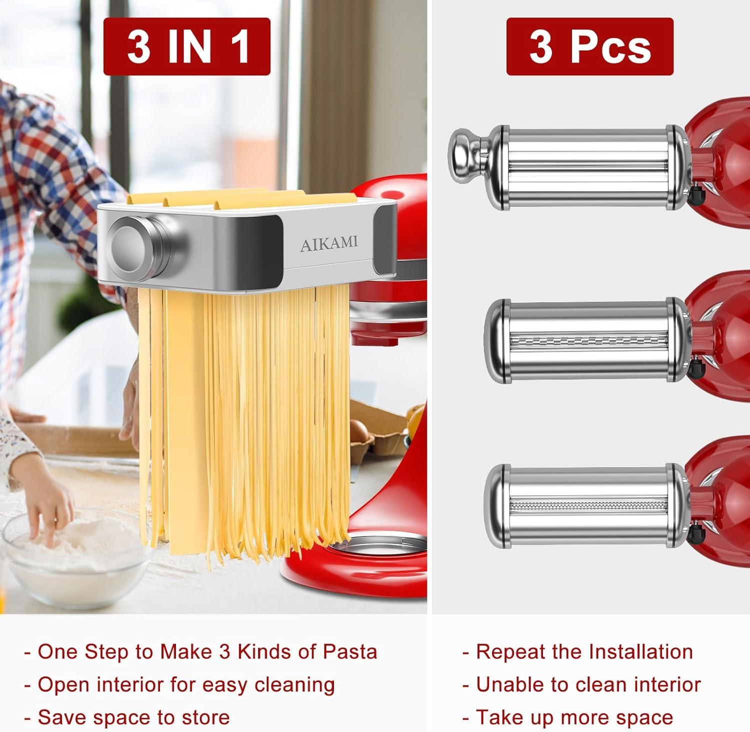 Pasta Maker Accessories Mixers 3 in 1 Set for KitchenAid Stand Mixer Attachments Include Pasta Roller, Spaghetti,Fettuccine Cutter, 8 Adjustable Thickness Settings，Pasta Maker Attachment