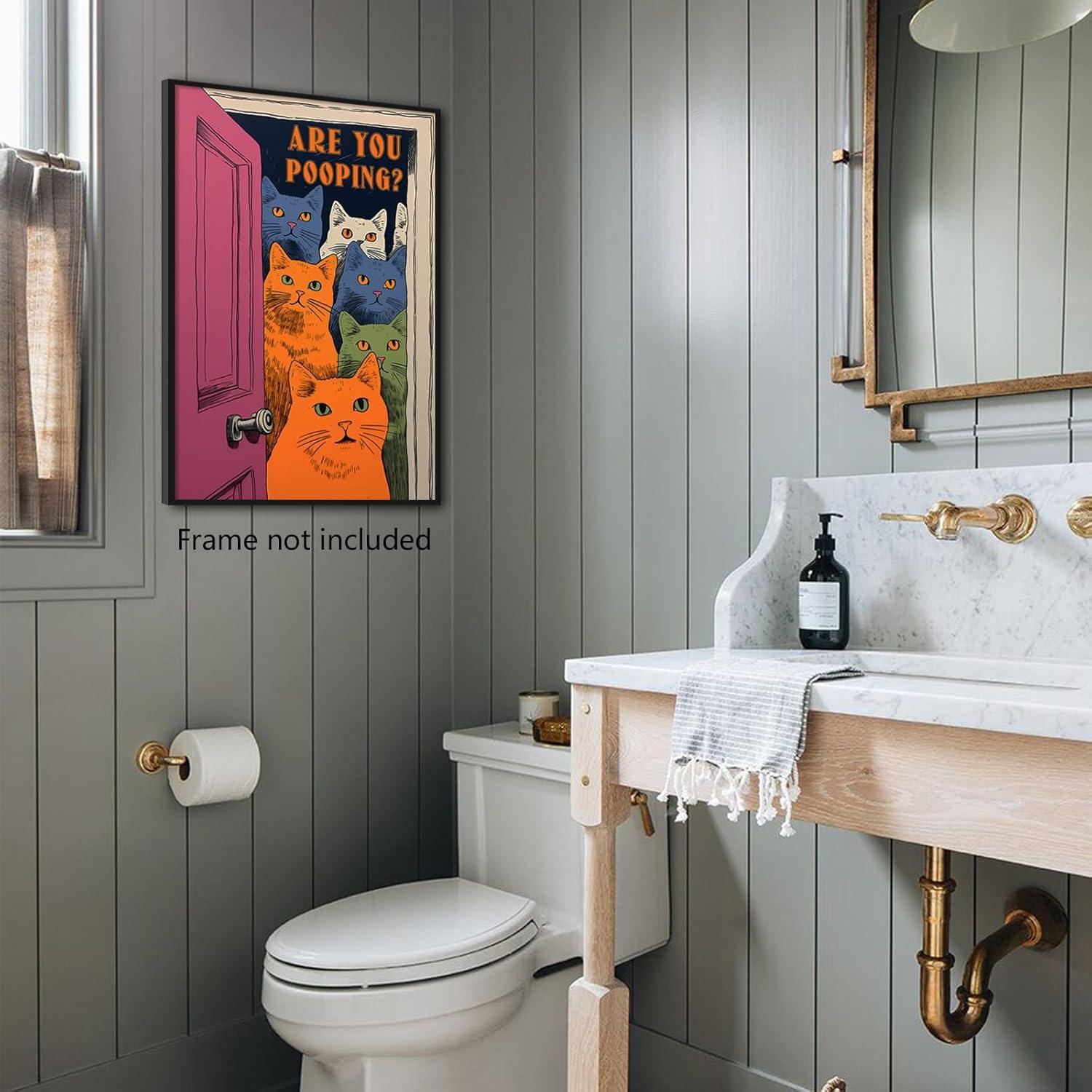 Funny Bathroom Cat Print Poster, Funky Are You Pooping Cat Sign Canvas Wall Art, Quirky Cats Witty Humor Pictures Artwork for Toilet Wall Decor 12x16in Unframed
