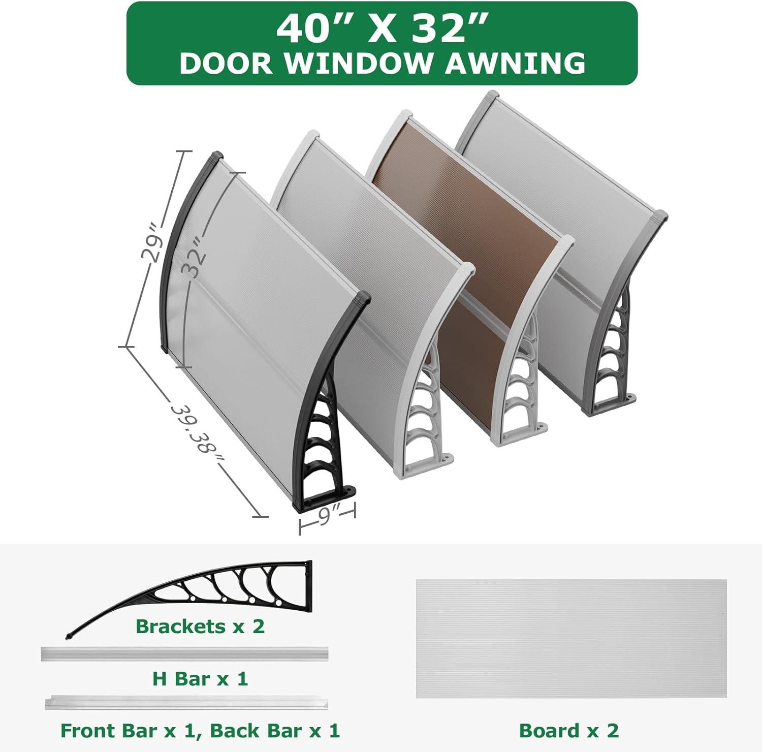 40" x 32" Door Window Awning Exterior, Polycarbonate Cover Entry Door Outdoor Patio Awning Canopy, Front Door Overhang Awning for Sun Shutter, UV, Rain and Snow Protection, Hollow Sheet (Clear Board)