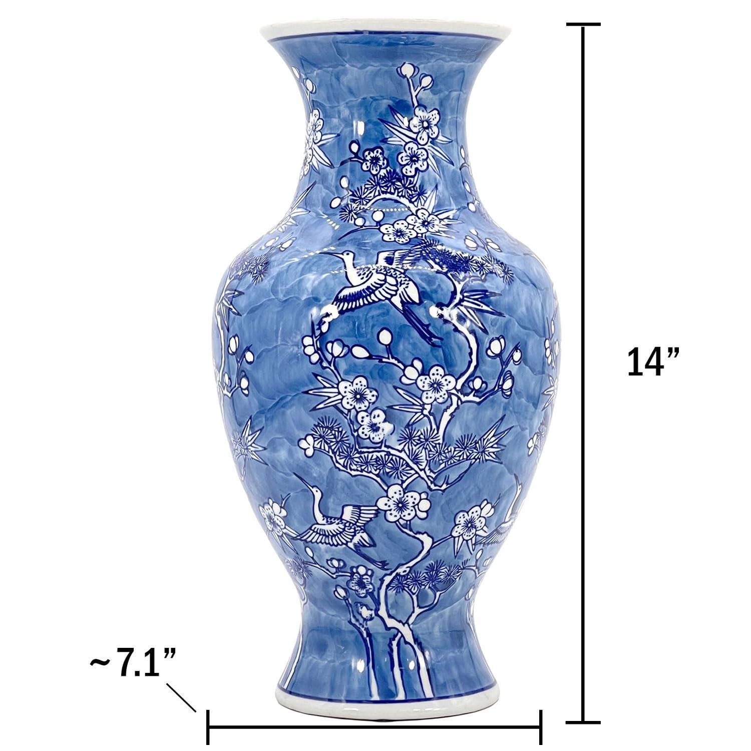 Dark Blue Floral Chinoiserie Ceramic Vase with White Accents
