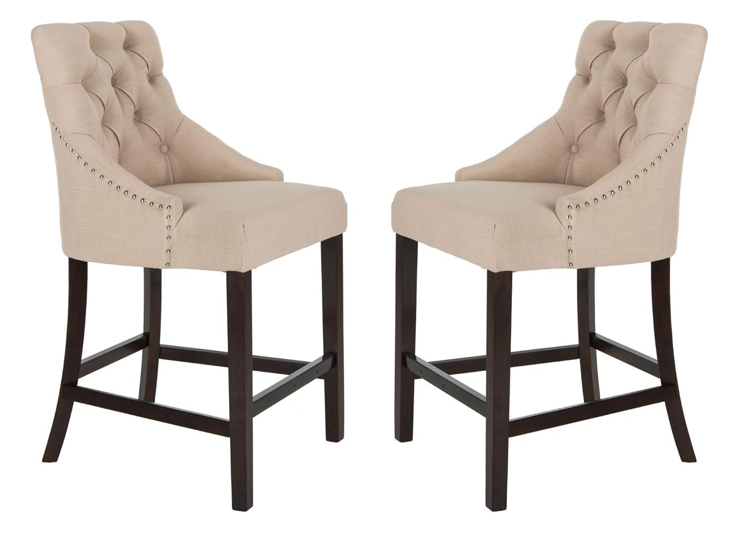 Eleni Tufted Wing Back Counter Stool (Set of 2) - BST6305 - Beige/Espresso - Safavieh