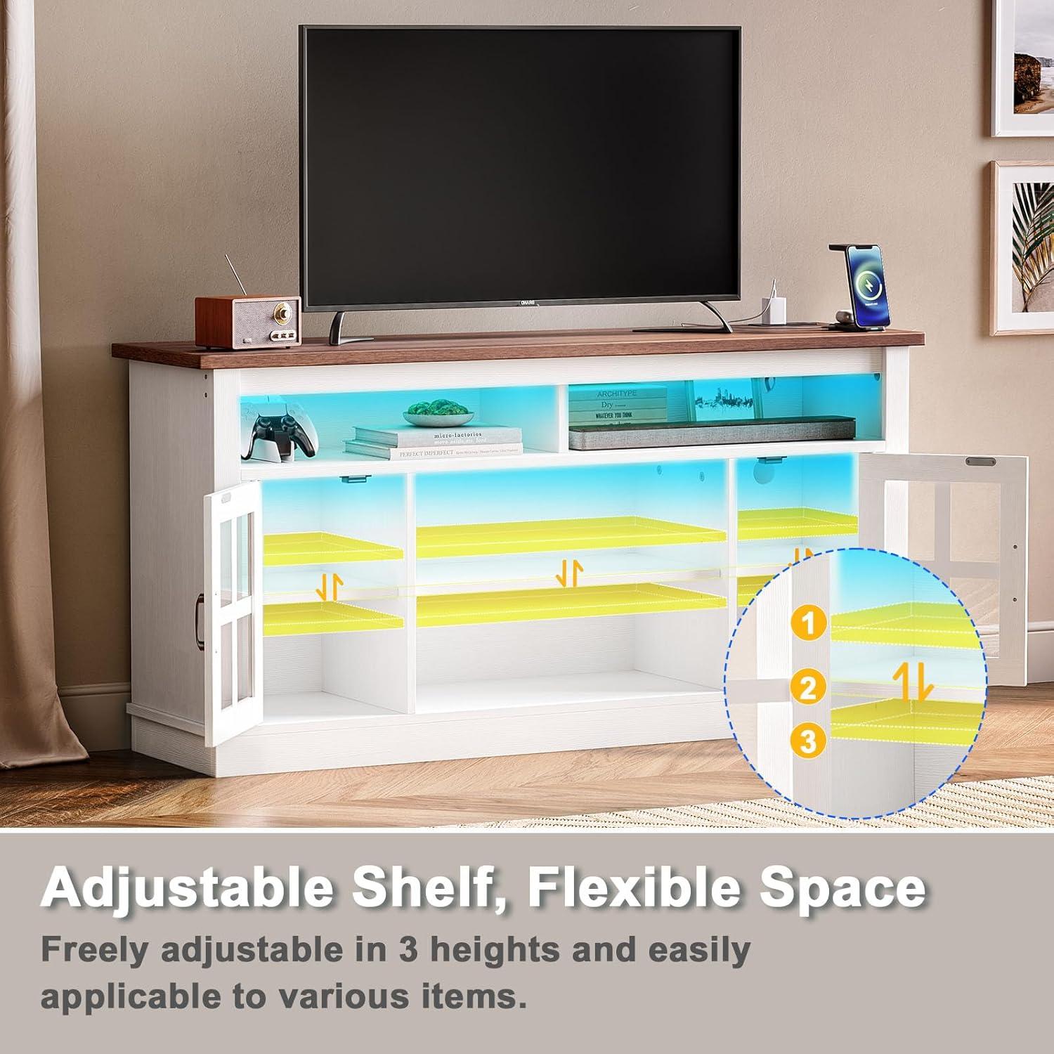 TV Stand for 65 Inch TVs,Farmhouse Entertainment Center with LED Lights and Charging Station,TV Cabinet/Console Table with Adjustable Shelves and Glass Doors for Living Room White+Walnut