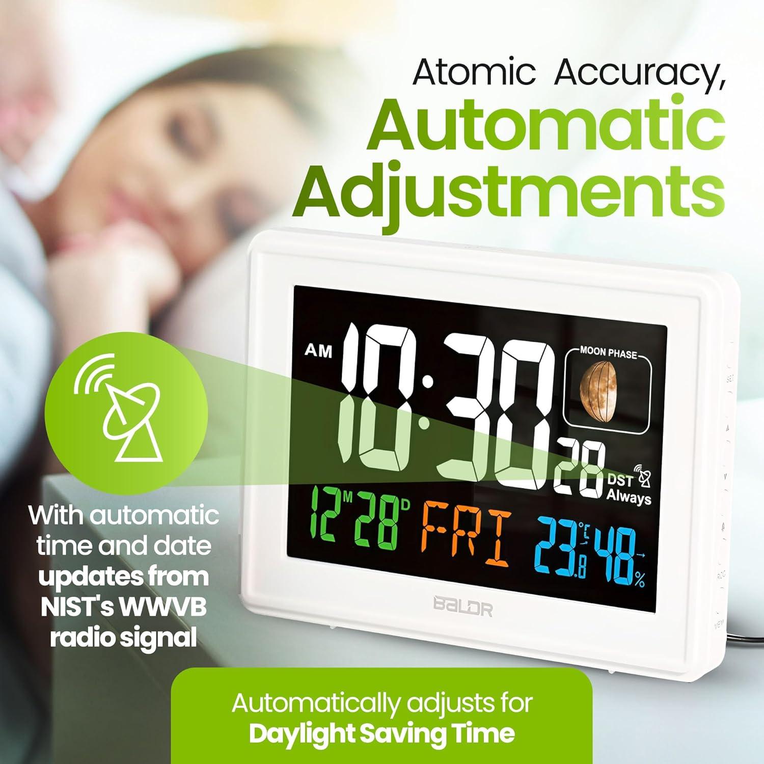 BALDR Atomic Alarm Clock - Large Color Display Digital Desk Clock (White)