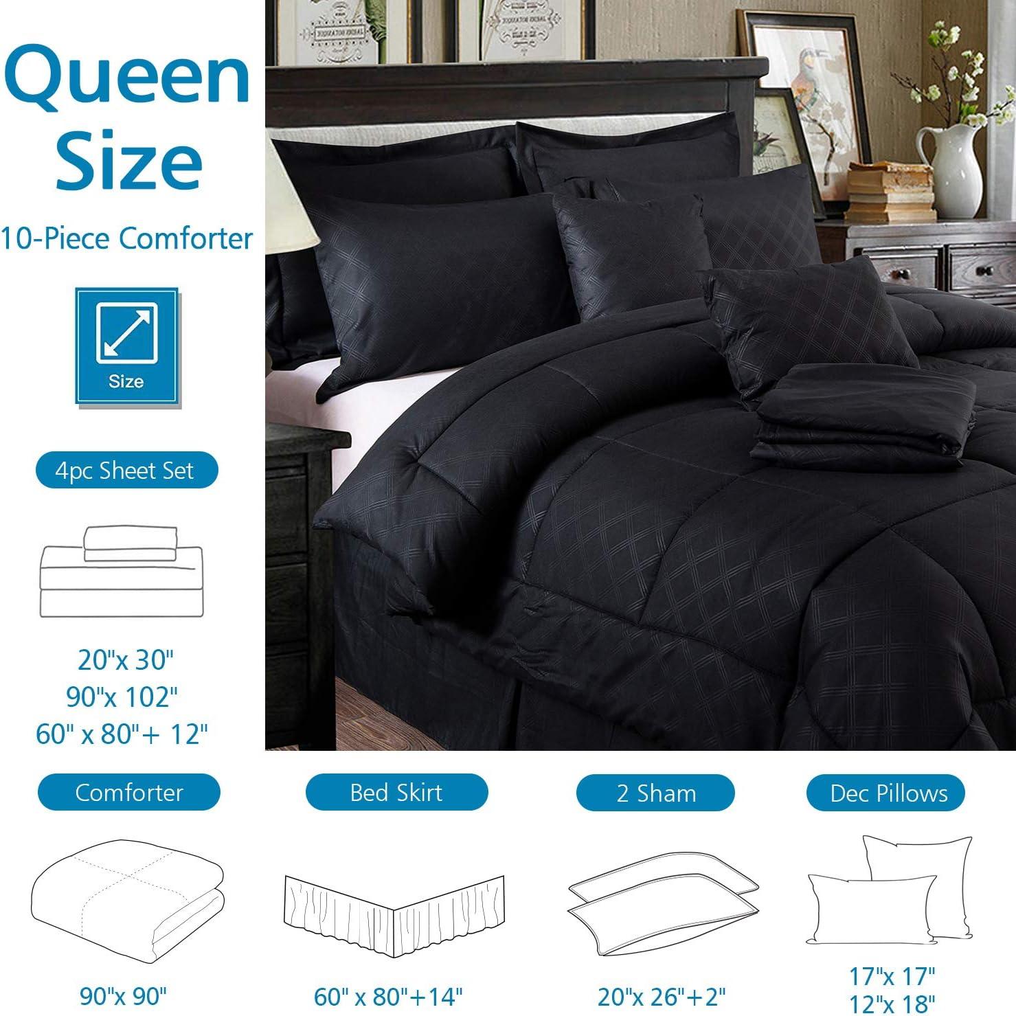 JML Black Queen Comforter Set - 10 Pieces Bedding Set Bed in a Bag with Comforters, Sheets, Bed Skirt, Decorative Pillows, Pillowcases & Shams