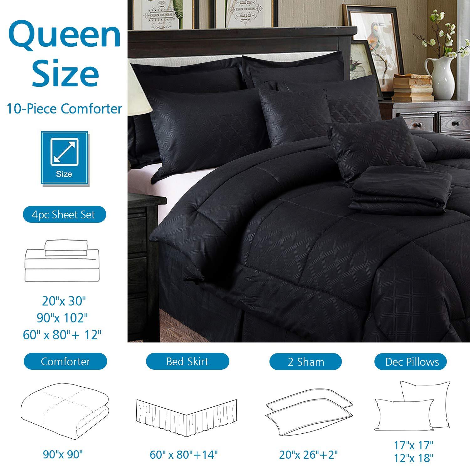 JML Black Queen Comforter Set - 10 Pieces Bedding Set Bed in a Bag with Comforters, Sheets, Bed Skirt, Decorative Pillows, Pillowcases & Shams