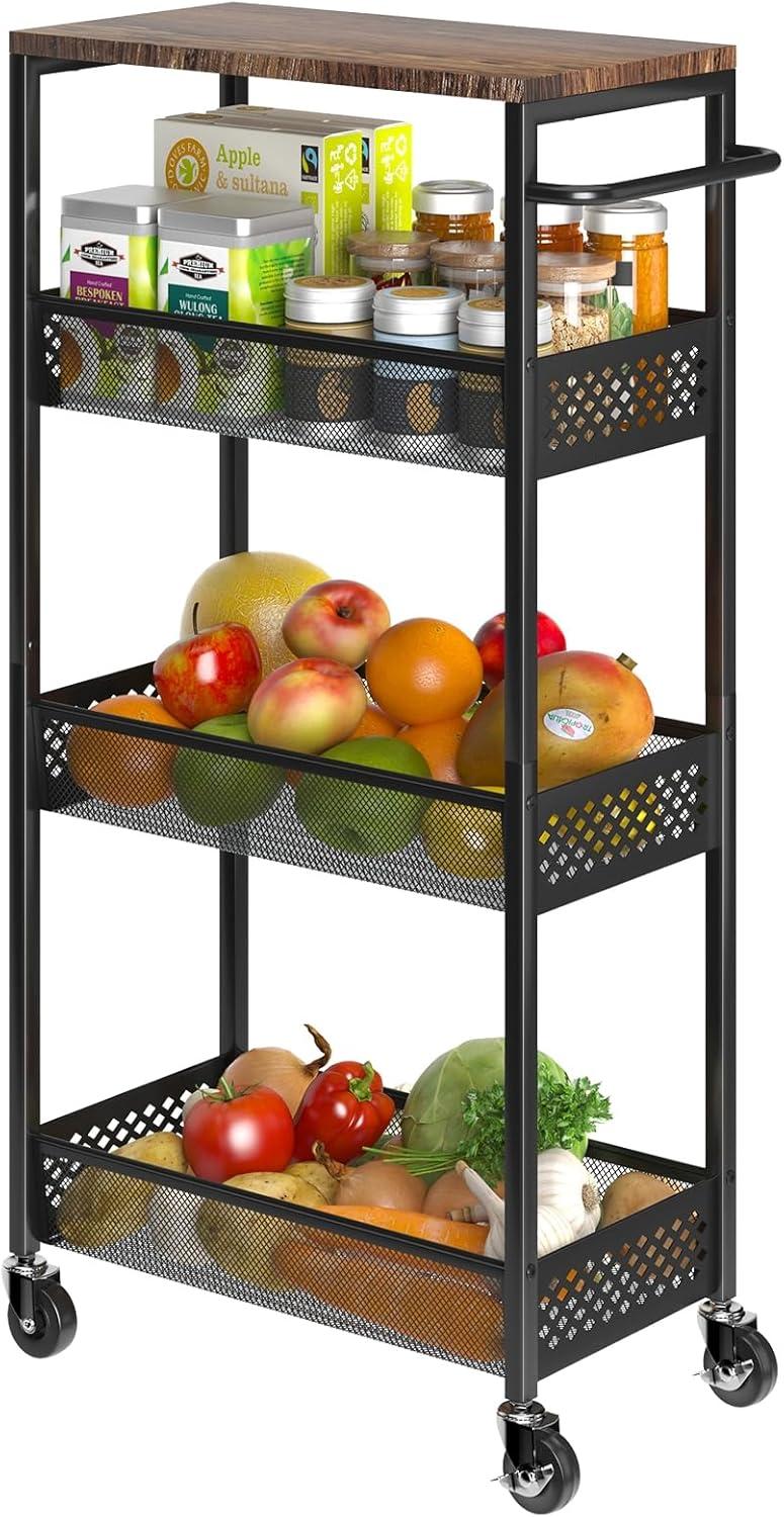 Slim Black Metal and Wood 4-Tier Rolling Kitchen Cart