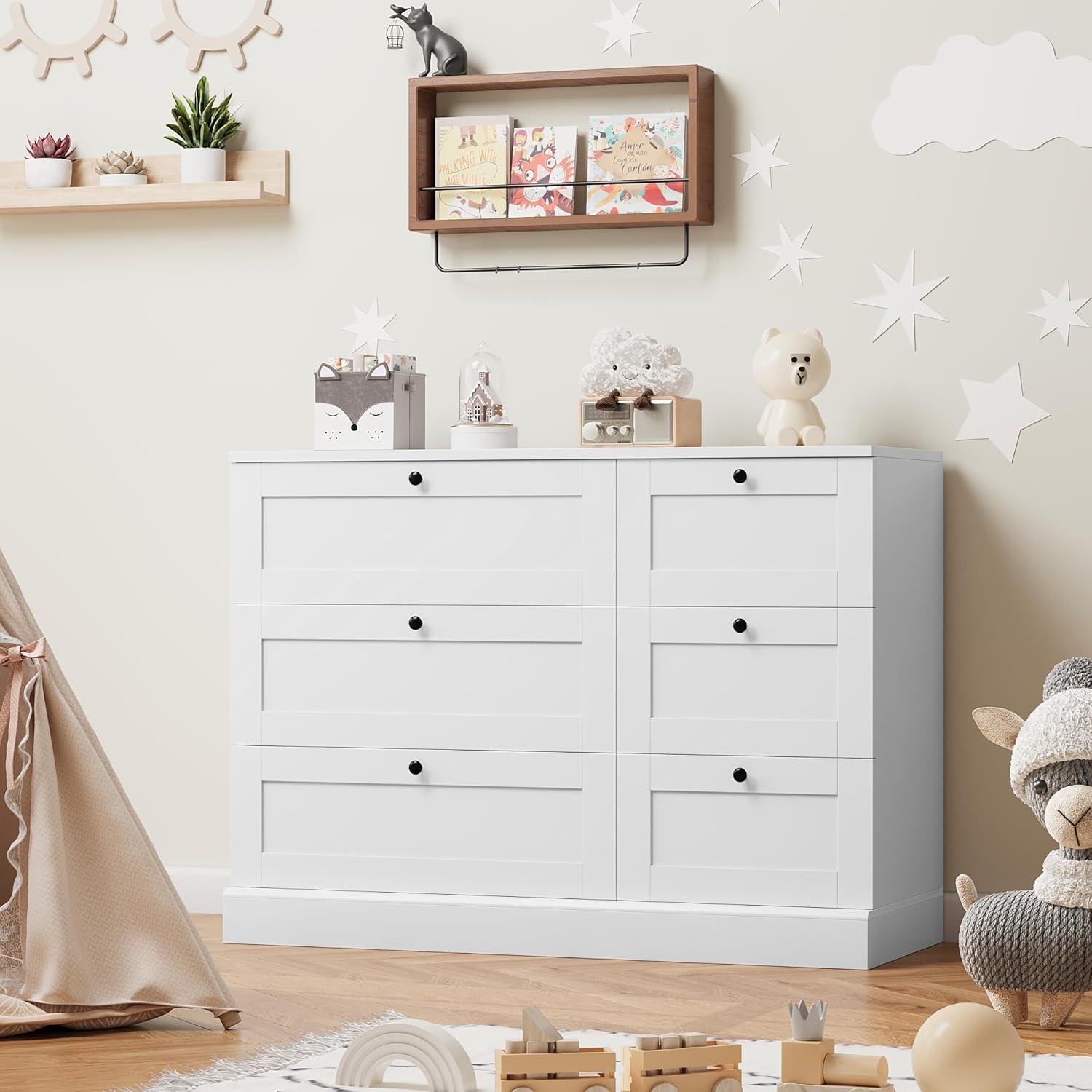 White Modern 6-Drawer Wood Dresser with Black Knobs