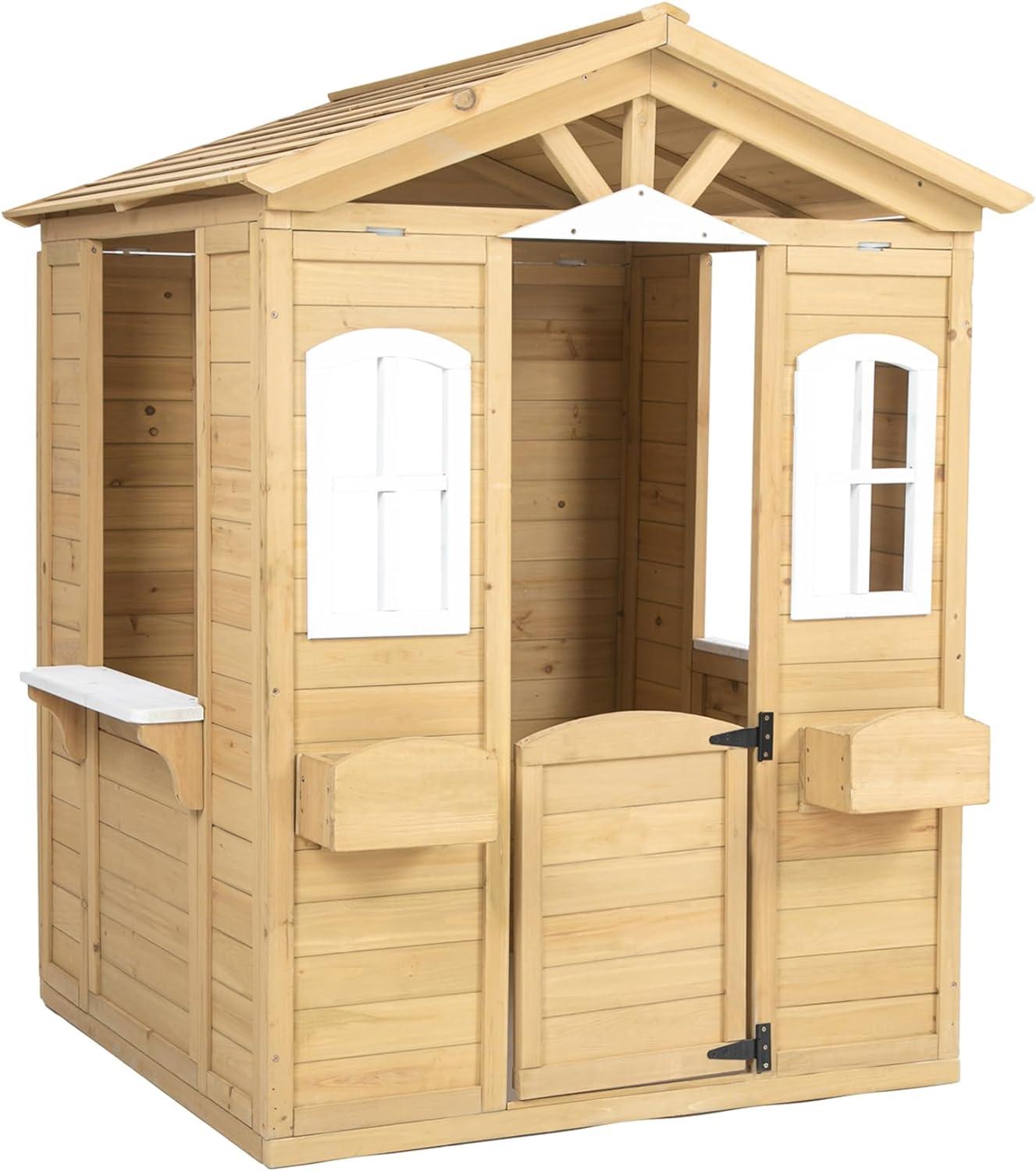 Natural Fir Wood Outdoor Playhouse with Windows and Flowerpot Holders