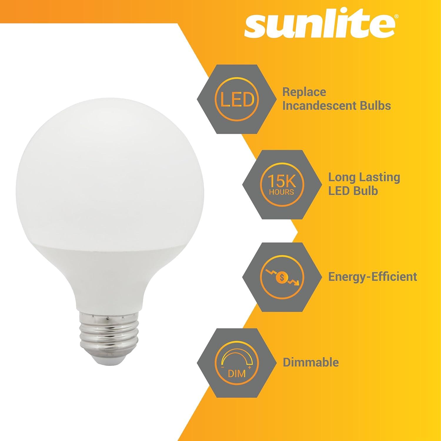 Sunlite LED G25 Globe Light Bulb, 6 Watts (60W Equivalent), Standard E26 Base, 500 Lumens, Dimmable, Frosted, Energy Star, 90 CRI, Title-20 Compliant, ETL Listed, 3000K Warm White, 6 Pack