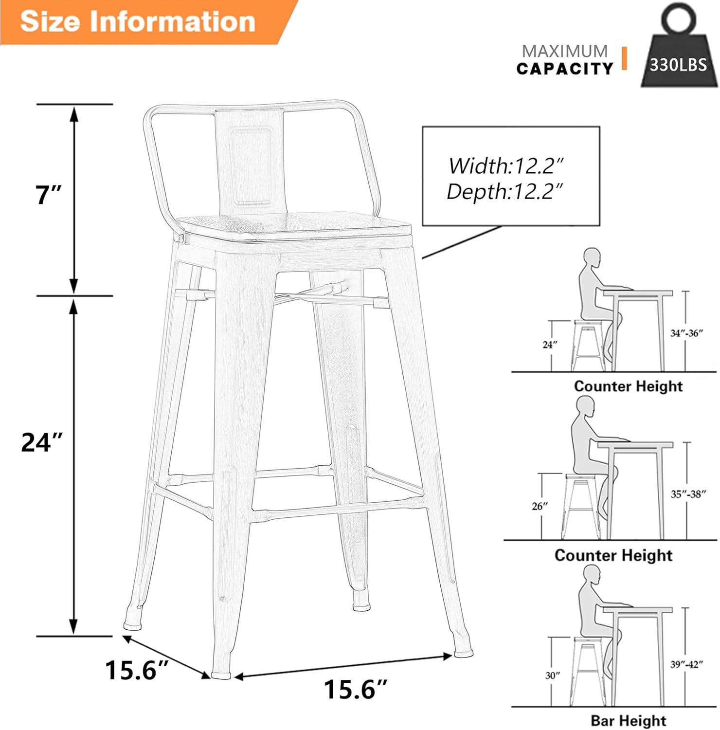 U-SHARE 24'' Metal Bar Stool 4PCS Low Back Conuter Stools for Indoor/Outdoor Barstools Metal Black Stools Bar Chairs w/Wooden Seat Metal Leg Industrial Counter Height Stools Black