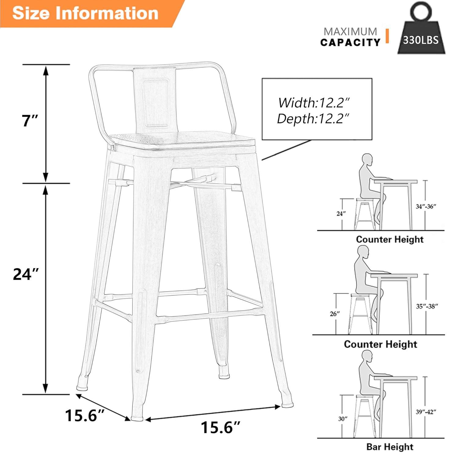 Killeryuki 24'' Metal Bar Stool 4PCS Low Back Conuter Stools for Indoor/Outdoor Barstools Metal Black Stools Bar Chairs w/Wooden Seat Metal Leg Industrial Counter Height Stools Black