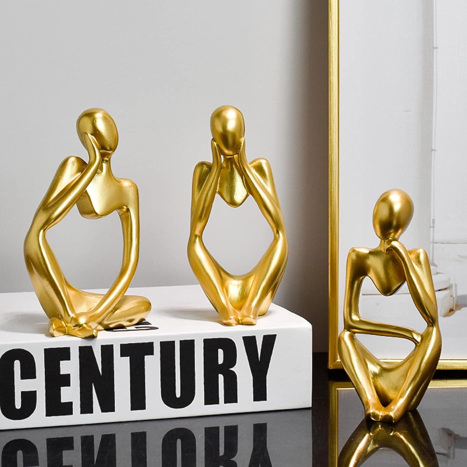 3pcs Modern Abstract Statues Sculpture,Resin Artistic Thinker Figure Thinking Man Figurines Desktop Decorations Artist Crafts for Home Office Shelf Bookshelf Decor,Gold