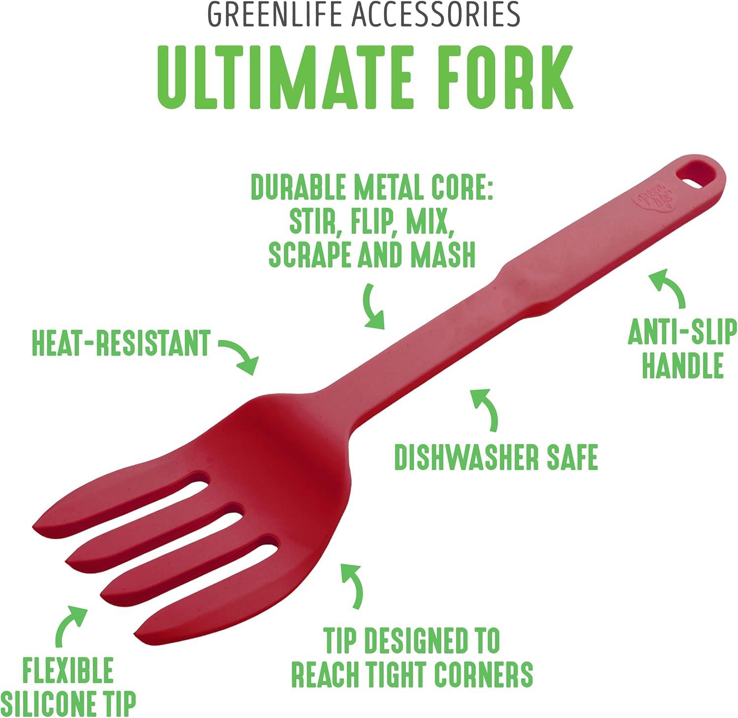 GreenLife Cooking Tools and Utensils, 10-in-1 Silicone Fork to Stir Mix Mash and Scrape, Heat and Stain Resistant, Dishwasher Safe, Red