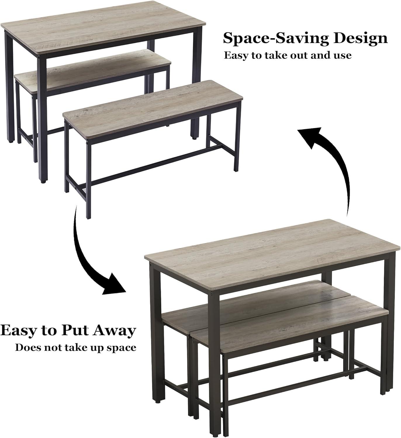 Gray Wood and Steel 3-Piece Dining Set with Benches