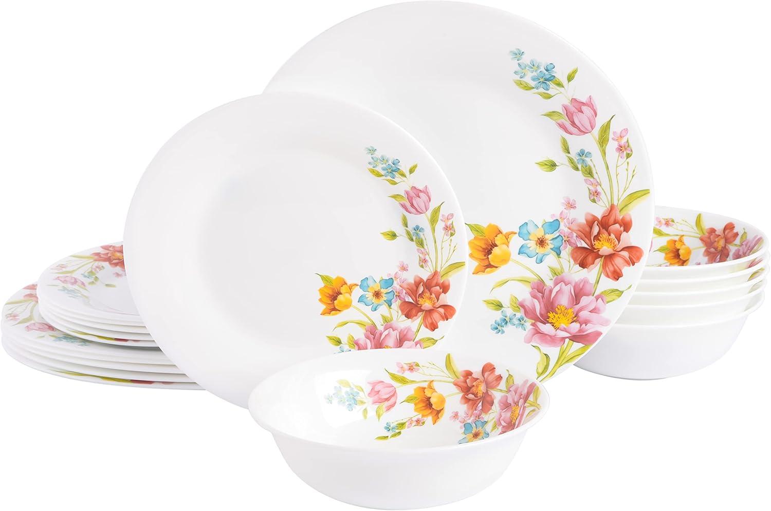 18-Piece Red Floral Opal Glass Dinnerware Set, Service for 6