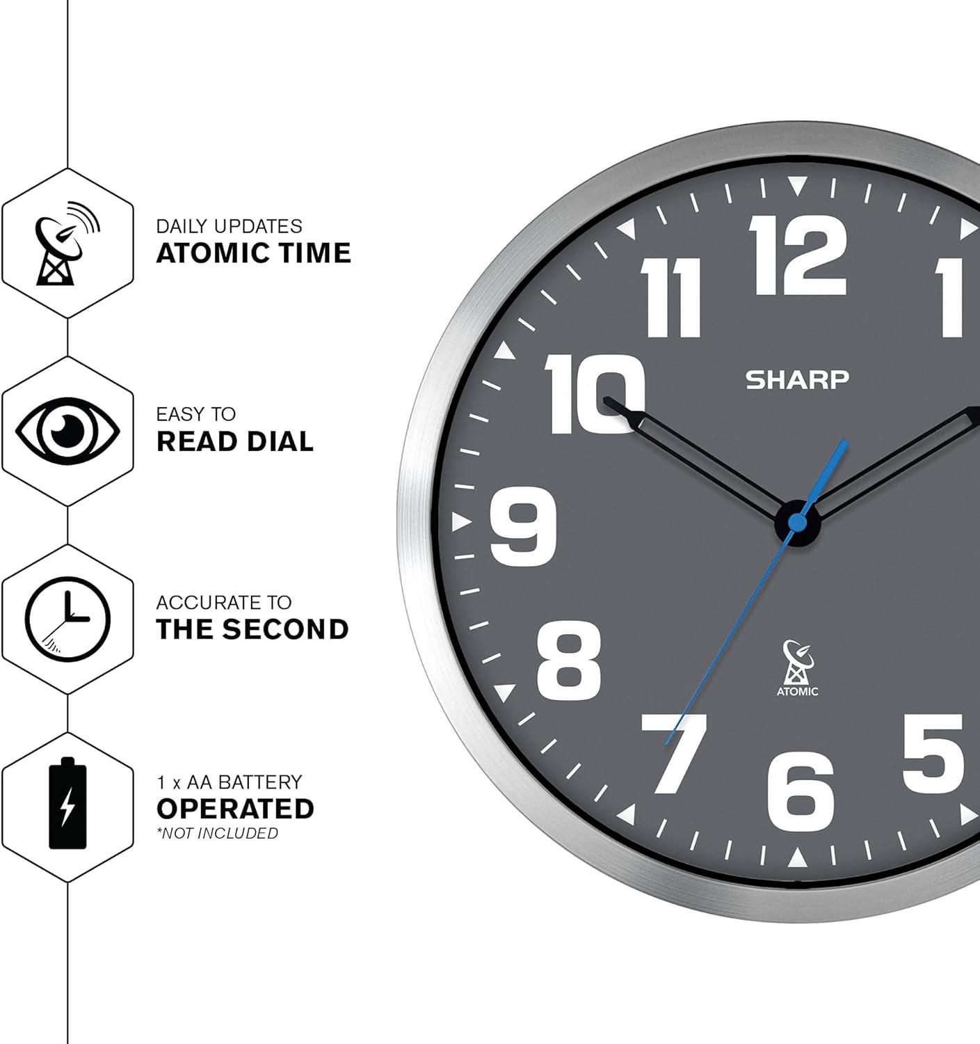 Sharp Atomic Analog Wall Clock - 12" Grey Face Silver Finish Auto Set Battery Opp Modern Design