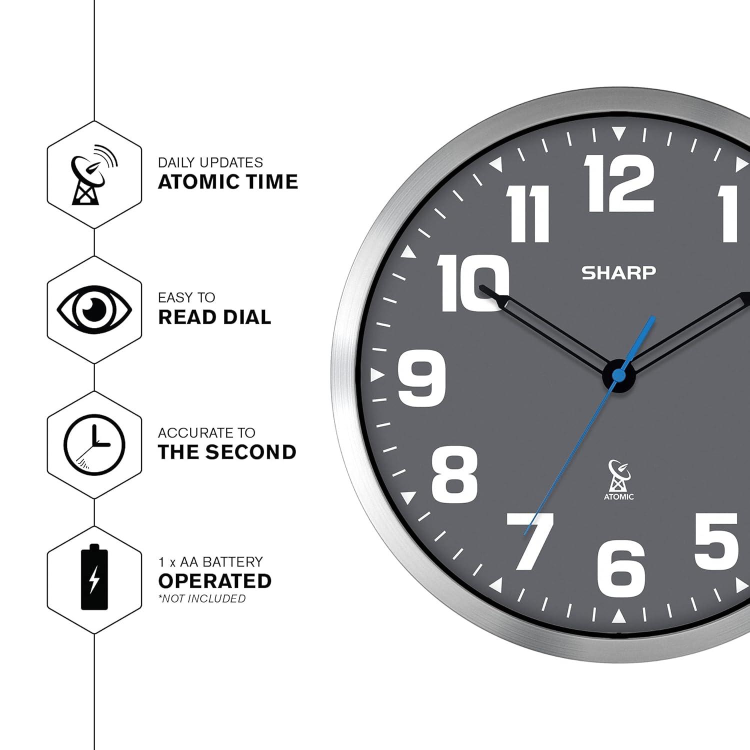 Sharp Atomic Analog Wall Clock - 12" Grey Face Silver Finish Auto Set Battery Opp Modern Design