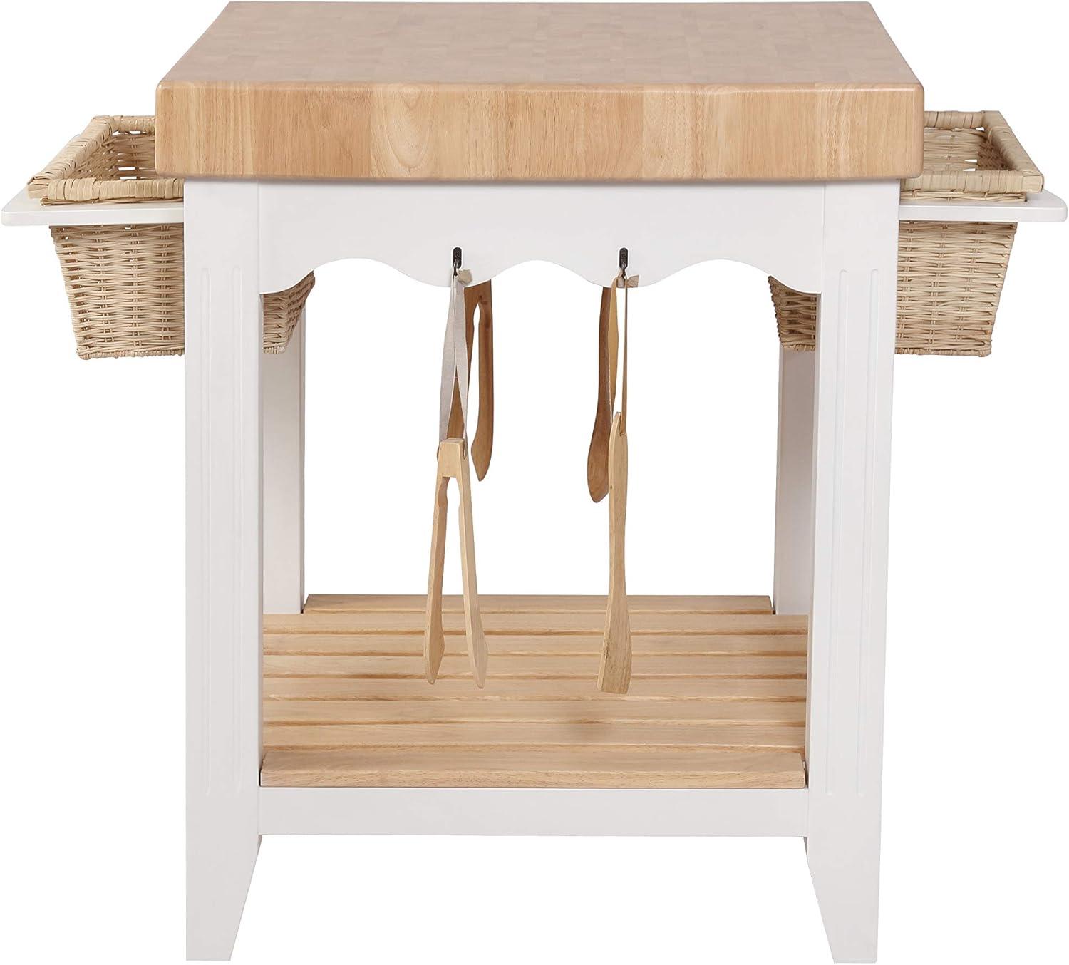 Linon Kolton Butcher Block Kitchen Island with 2 Baskets in White/Natural Wood