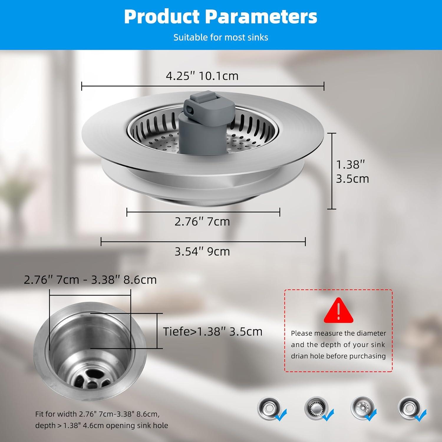 Hibbent 3-in-1 Kitchen Sink Drain Strainer  Stopper , Stainless Steel Pop-Up Design, Anti-Clogging Metal Basket with Handle, Compatible with US Standard 3-1/2" Drain