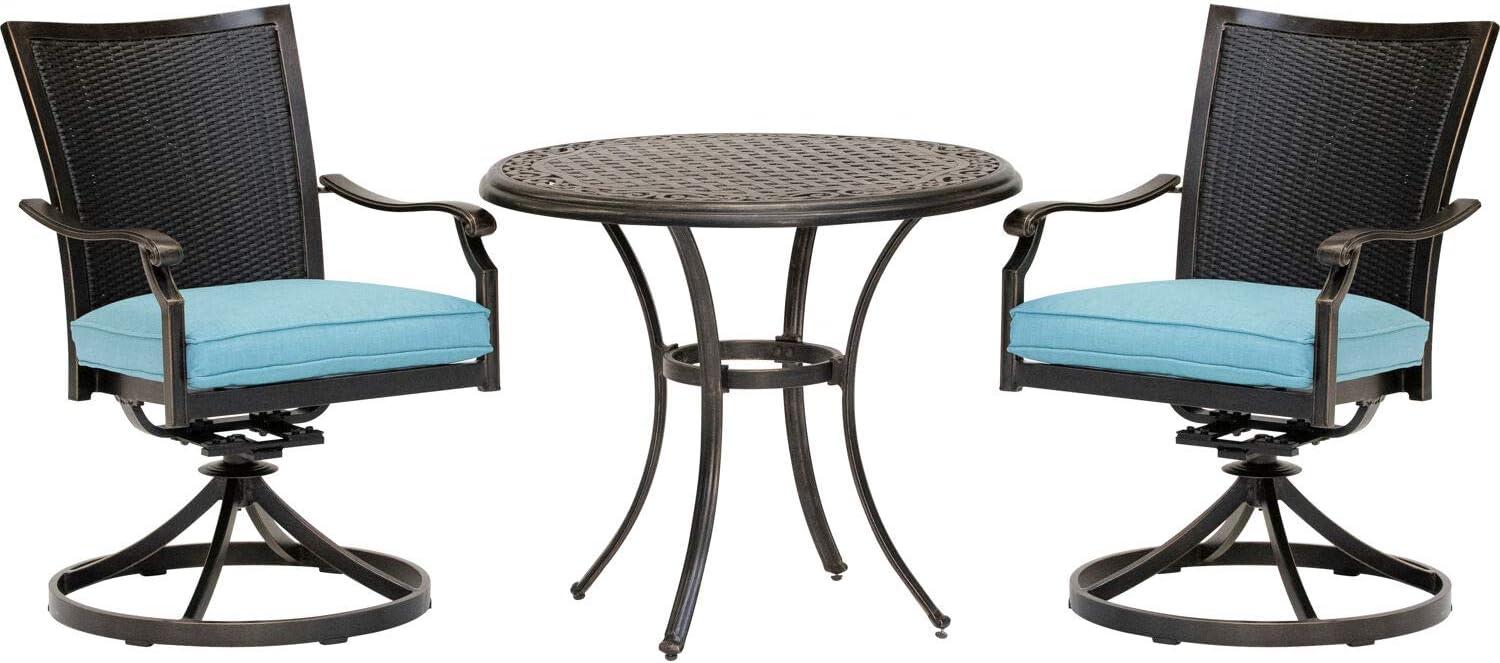 Bronze Finish 2-Person Outdoor Bistro Set with Cushioned Wicker Swivel Rockers