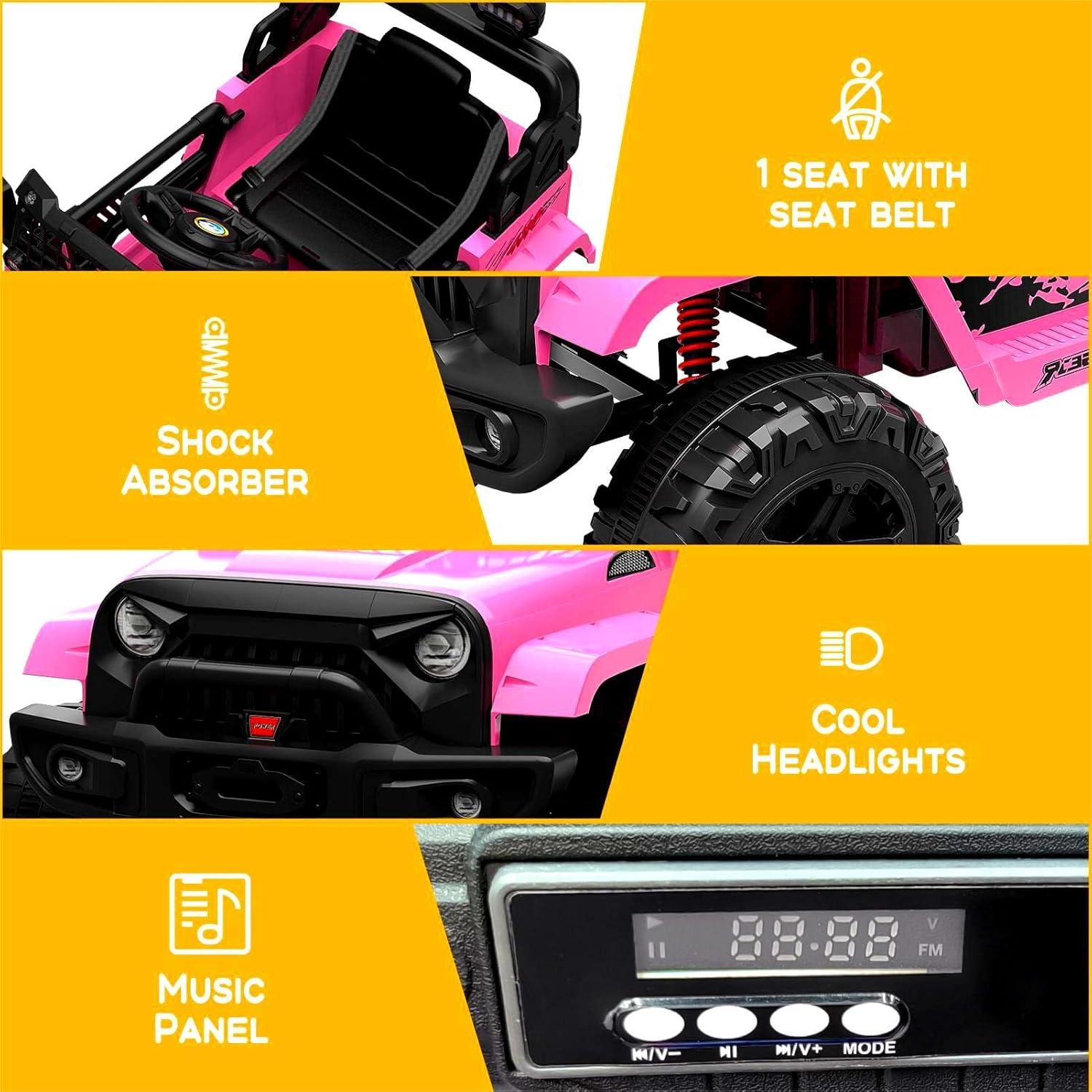 Kids Ride on Truck, 12V Children Electric Ride on Car w/Parent Remote Control, Spring Suspension, LED Lights, 2 Speeds Electric Vehicles for Boys and Girls