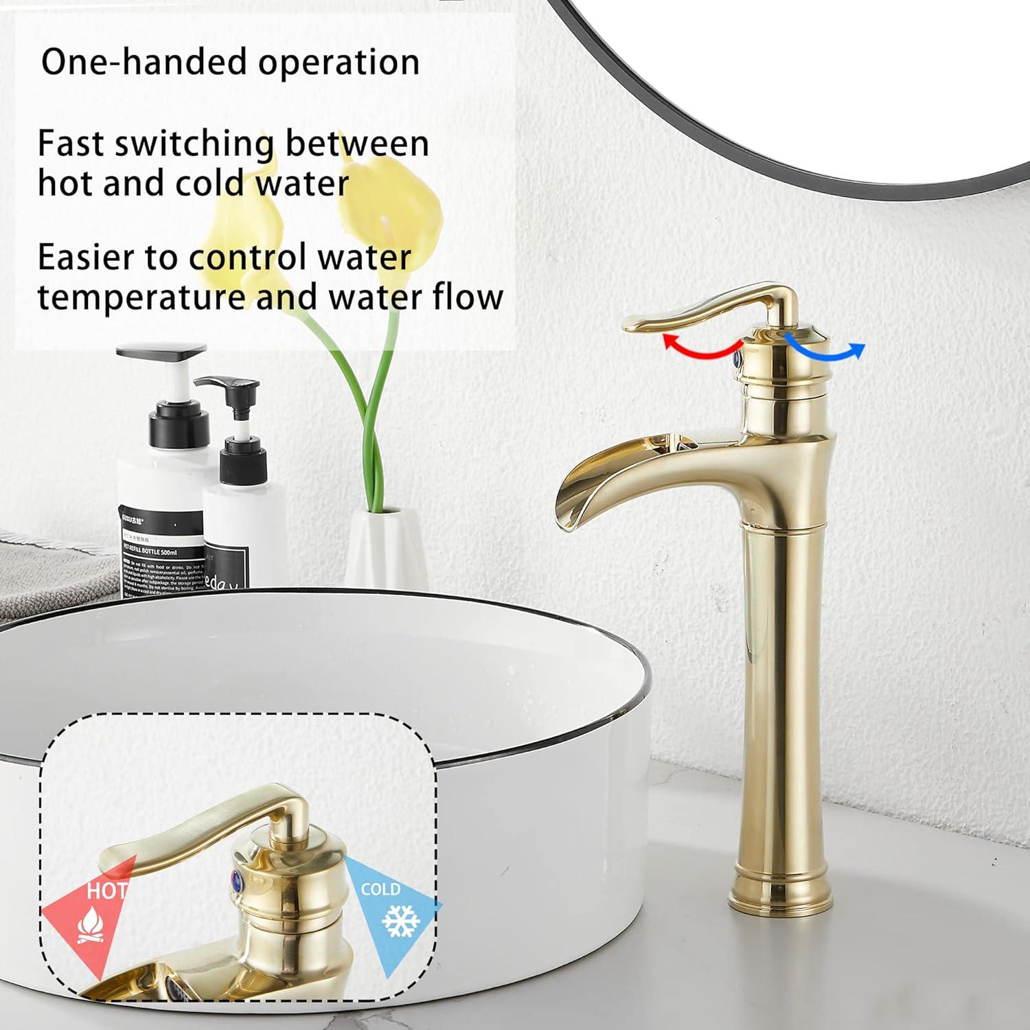 GGStudy Waterfall Single-Handle One Hole Bathroom Vessel Sink Faucet Matching Pop Up Drain Brushed Gold Farmhouse Bathroom Vanity Faucet