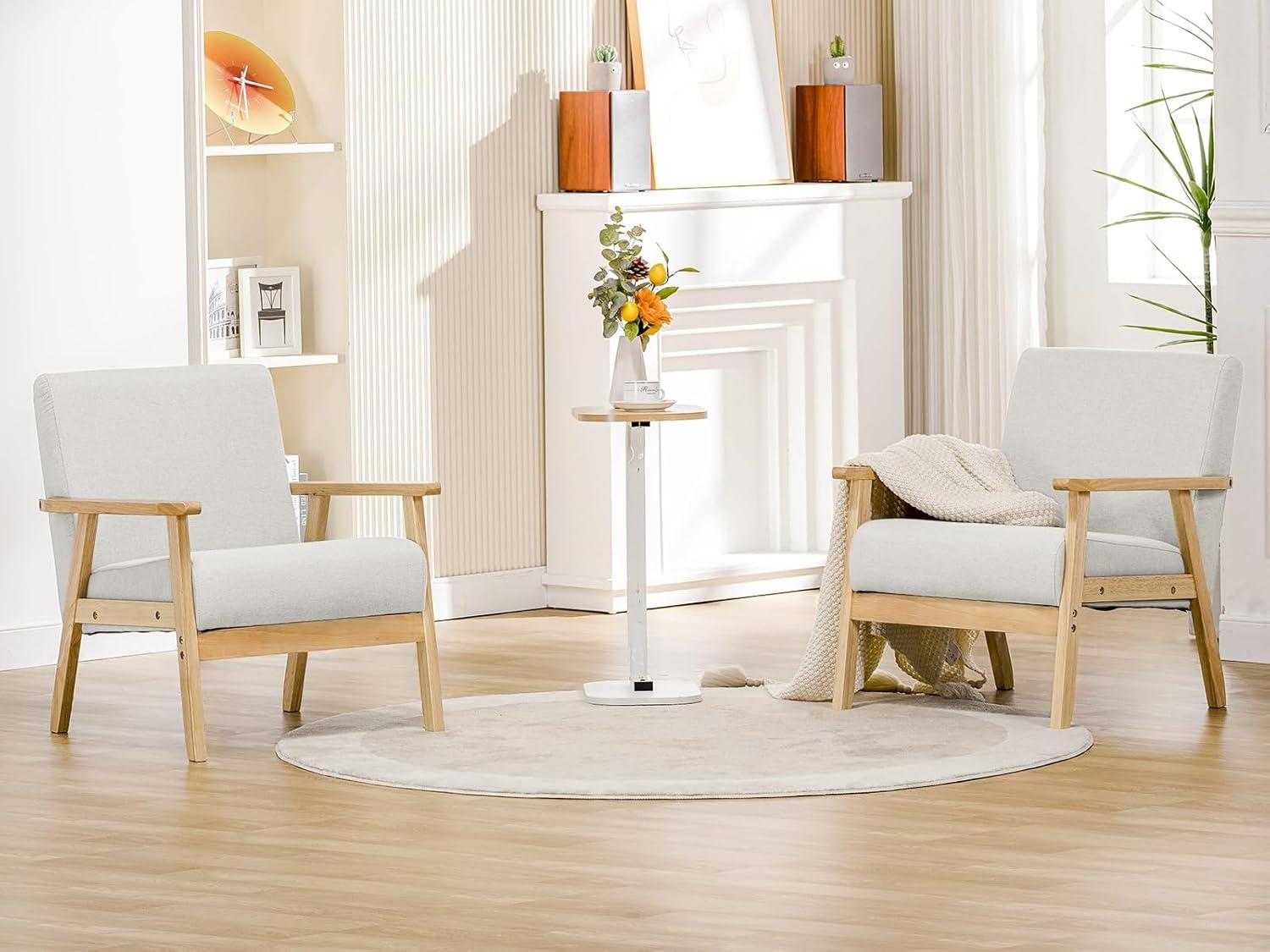 Beige Upholstered Wood Frame Ergonomic Accent Chair