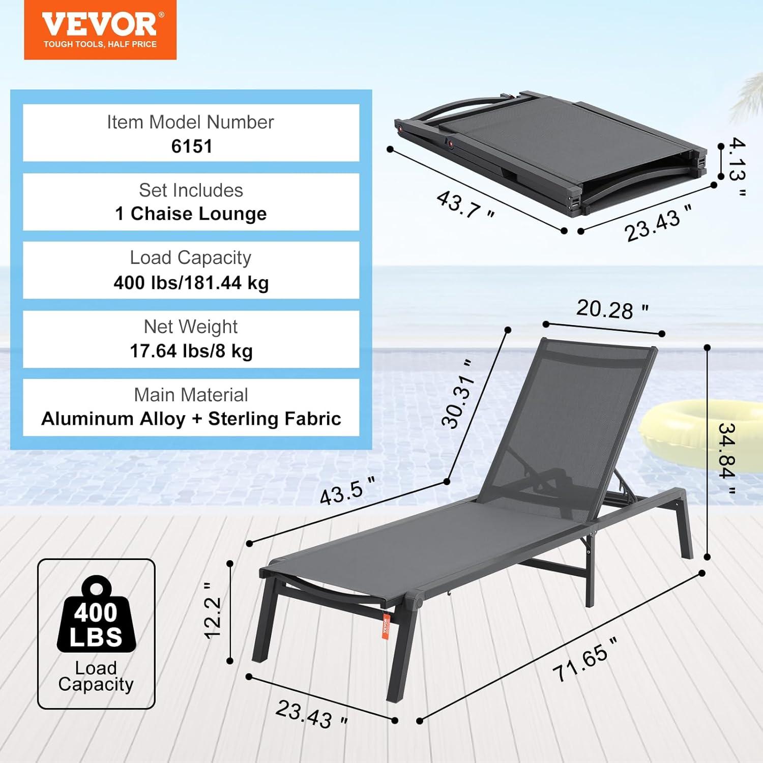 Dark Gray Aluminum Adjustable Outdoor Chaise Lounge Chair