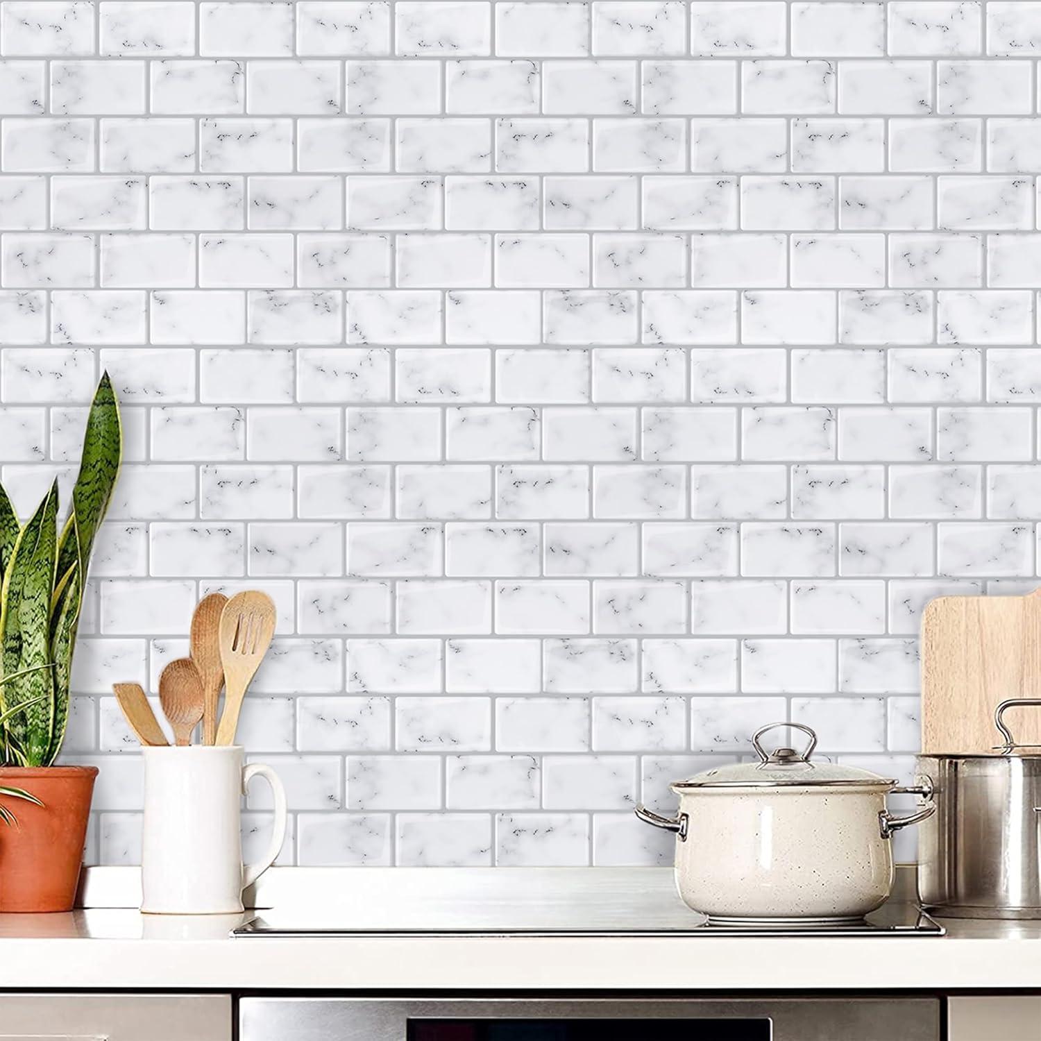 12" x 12" Vinyl Backsplash White Marble Peel & Stick Subway Tile