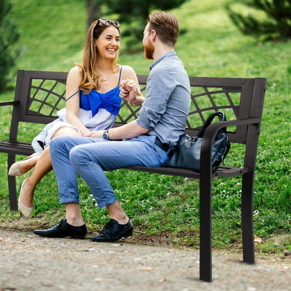 Black Cast Iron and Steel Garden Bench with Mesh Backrest