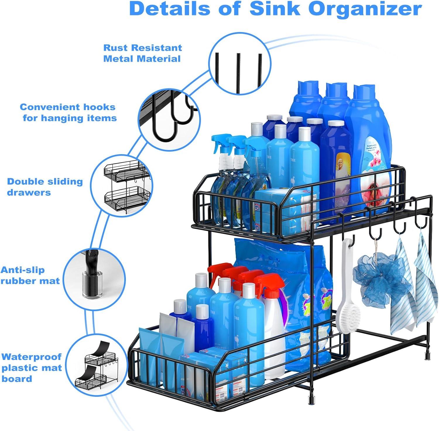 Rebrilliant Under Sink Organizer, 2 Tier Under Sink Organizers And Storage, Metal Slide Out Pull Out Cabinet Organizer ,2 Pack Sliding Drawer Organizer For Kitchen Bathroom Pantry