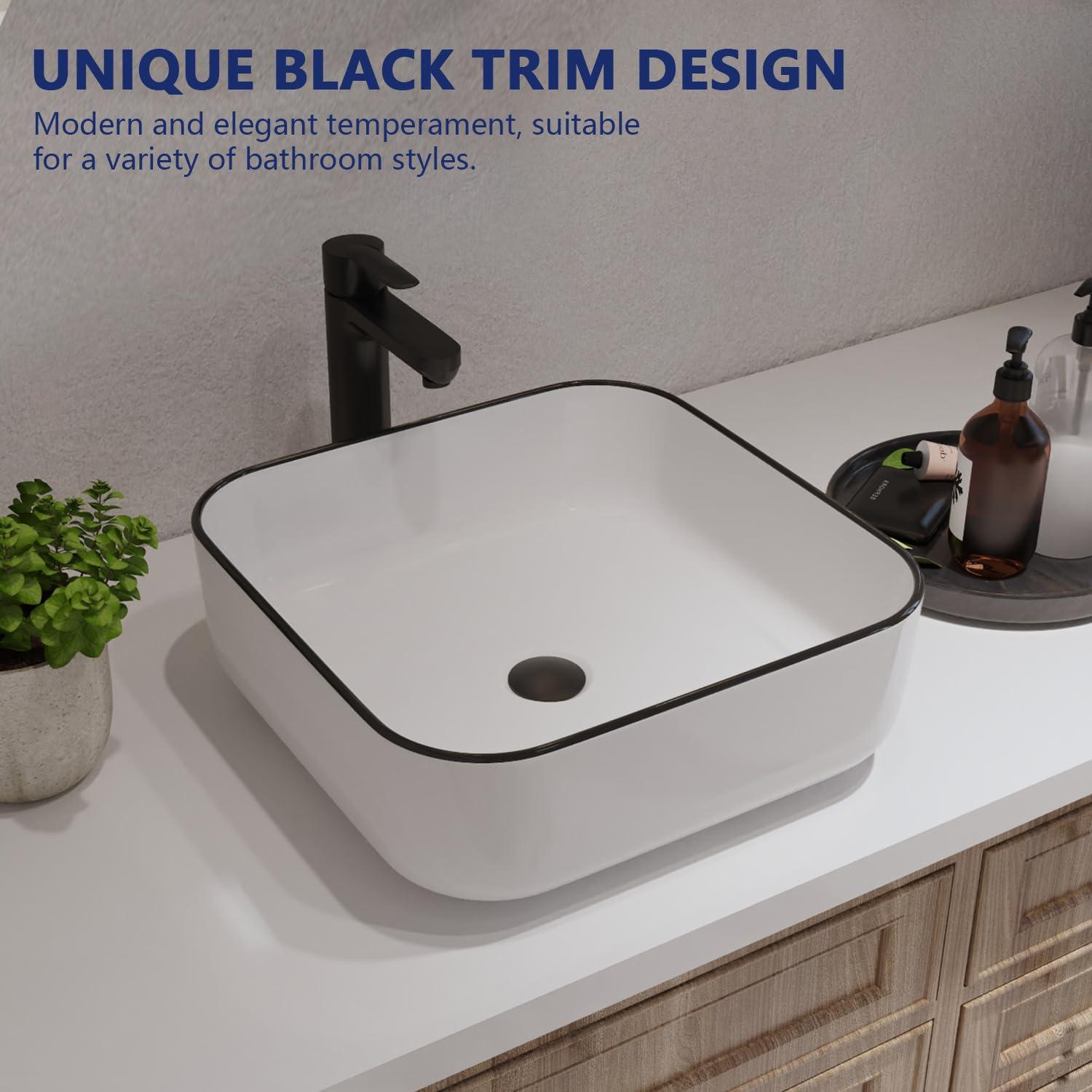 DeerValley Ace 15'' White/Black Square Ceramic Vessel Bathroom Sink