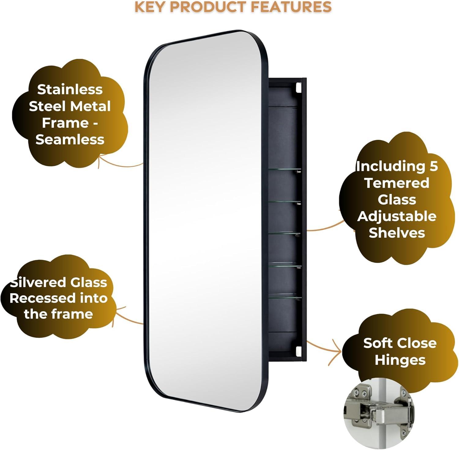 TEHOME Black Surface and Recessed Mount Rectangular Stainless Steel Metal Framed Bathroom Medicine Cabinet with Mirror, 22'' W x 30'' H