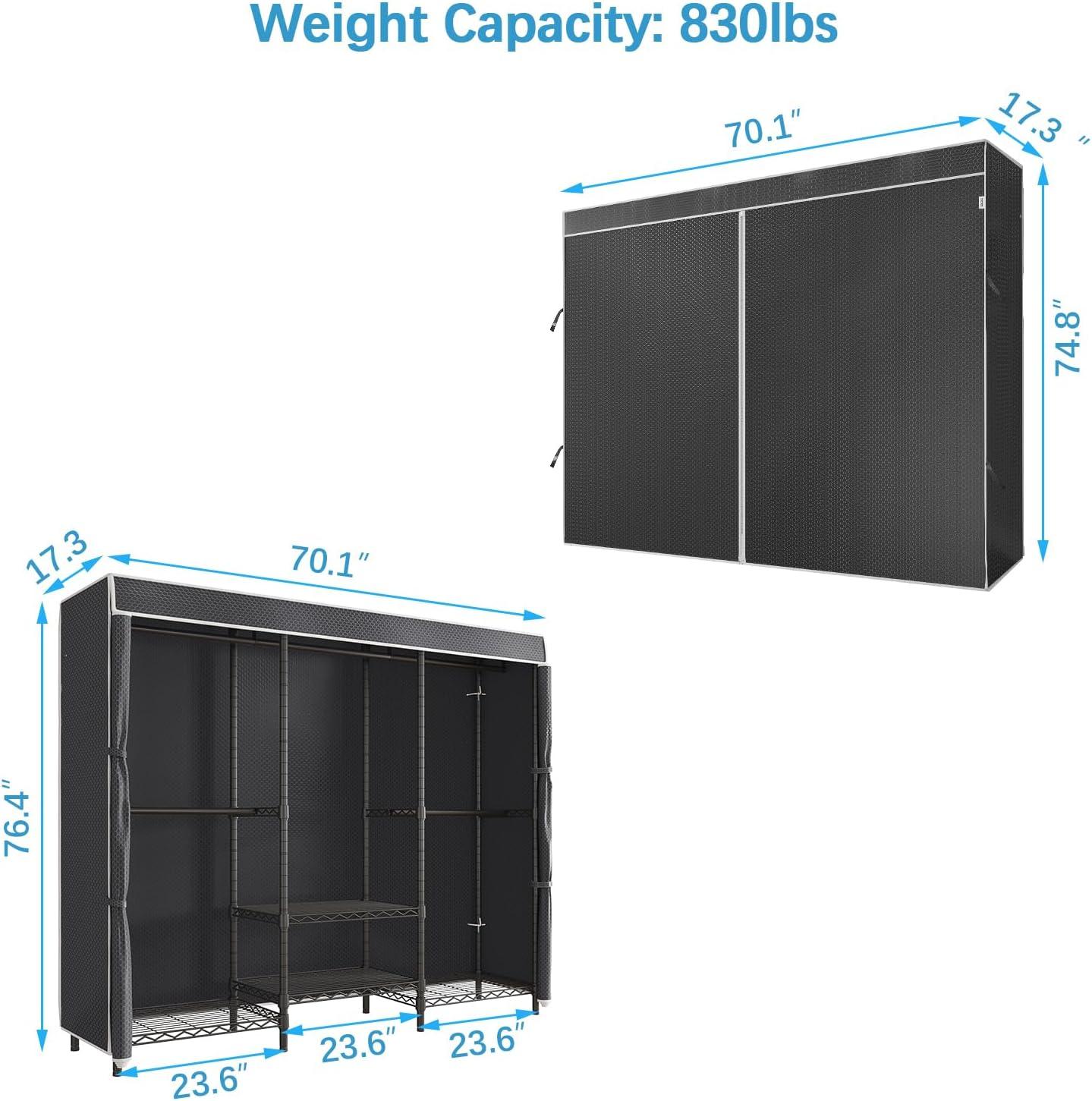 Black Metal Garment Rack with Adjustable Shelves and Cover