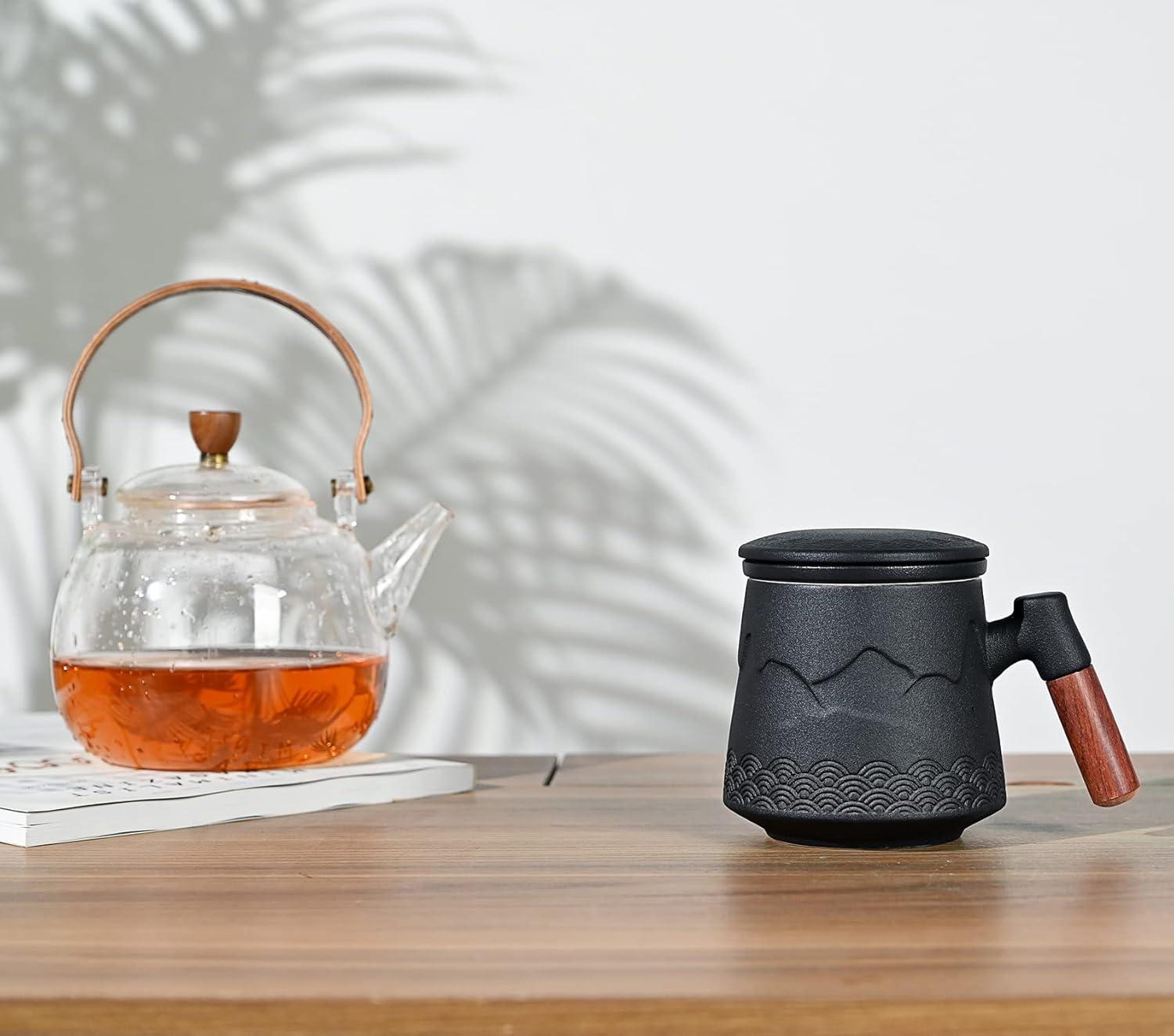 Tea Cup with Infuser and Lid, Gradual Mountain and Spray Tea Mug Cups with Infuser, Wood Handle Ceramic Coffee Mug with Lid Tea 430ml/14.50 OZ (Black)