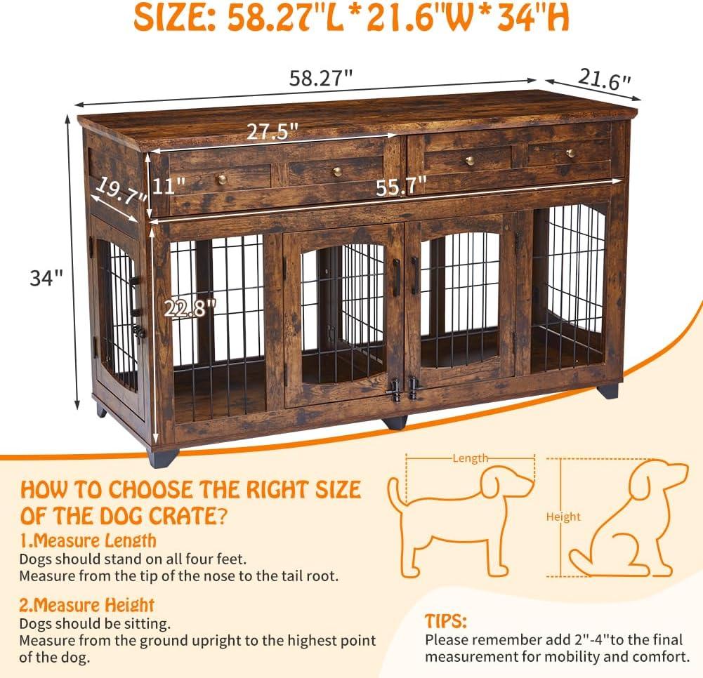 Dog Crate Furniture with 5 Doors, 58" Wooden Dog Kennel End Table with Large Capacity Drawers, Dog House with Openable Divider for Small/Medium/Large Dog,Dog Cage,Side End Table,Rustic Brown