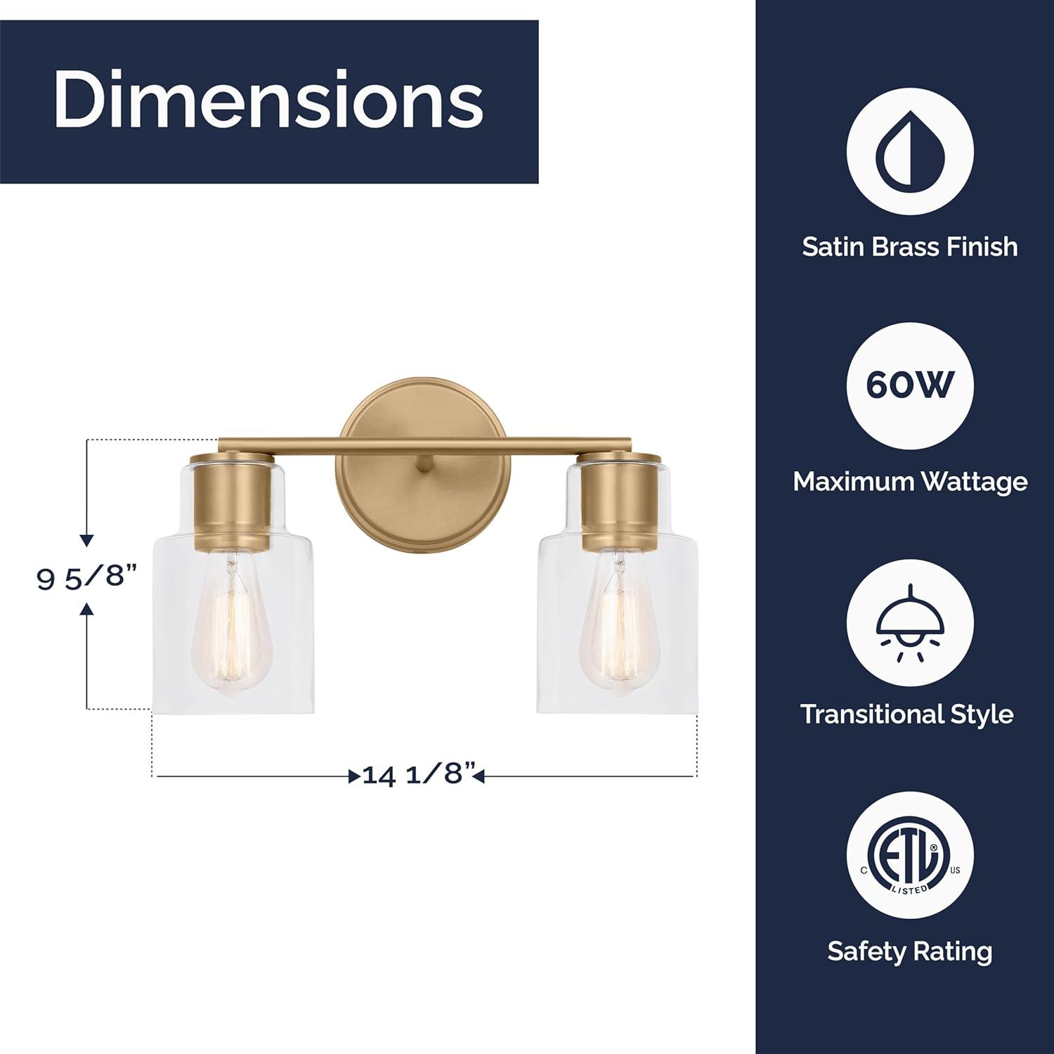 Satin Brass 2-Light Wall Sconce with Clear Glass Shades