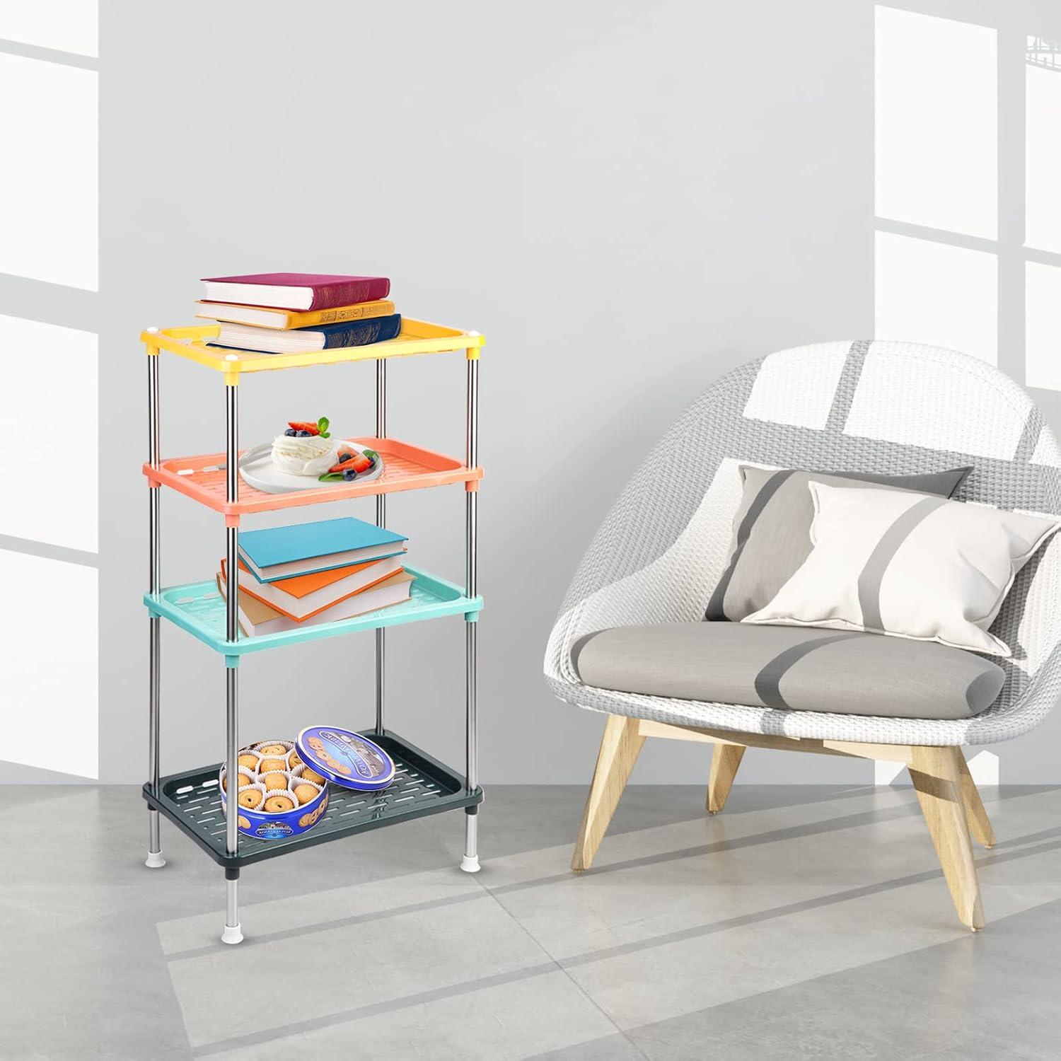 Multicolor 4-Tier Plastic Storage Rack with Metal Frame