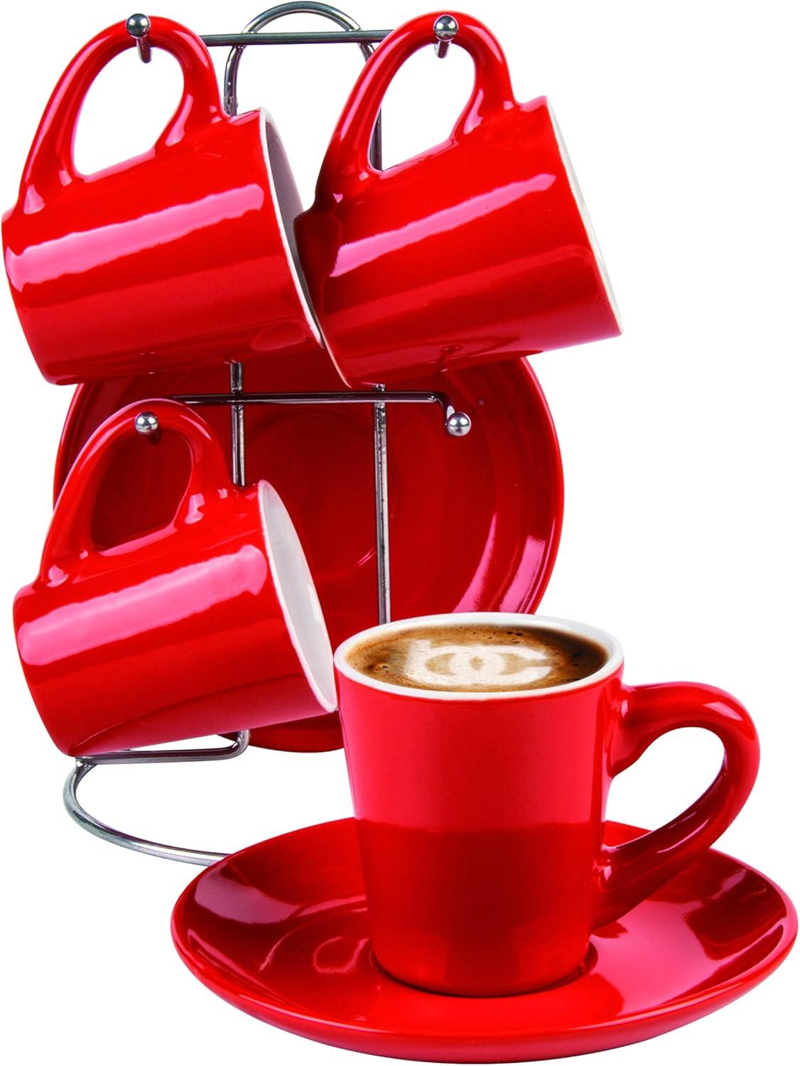 Red Ceramic Espresso Demitasse Cup and Saucer Set with Stand