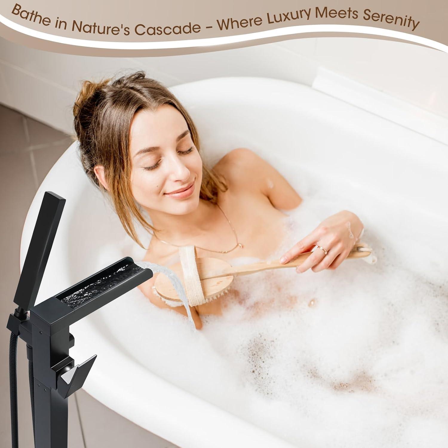 AlenArtWater Waterfall Tub Filler Freestanding Bathtub Faucet Floor Mount Brass Single Handle Bathroom Faucets with Hand Shower 94-LJQKCZ