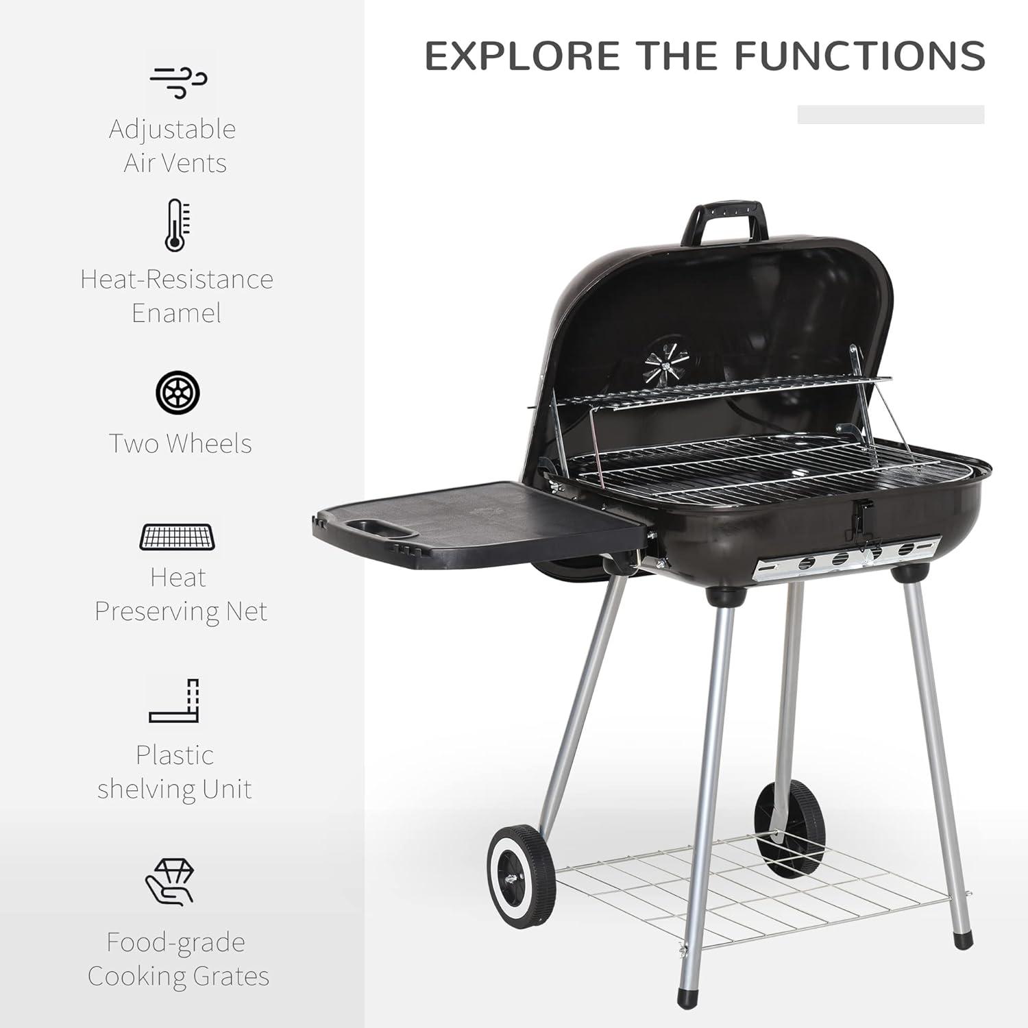 Outsunny 21" Steel Charocal Grill with Portable Wheel, Side Tray and Lower Shelf for Outdoor BBQ for Garden, Backyard, Poolside