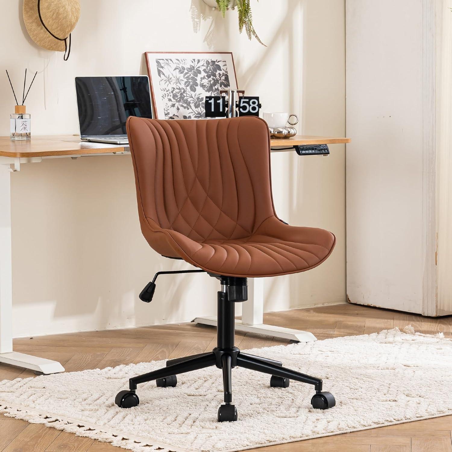 Coffee Brown Ergonomic Armless Faux Leather Swivel Task Chair