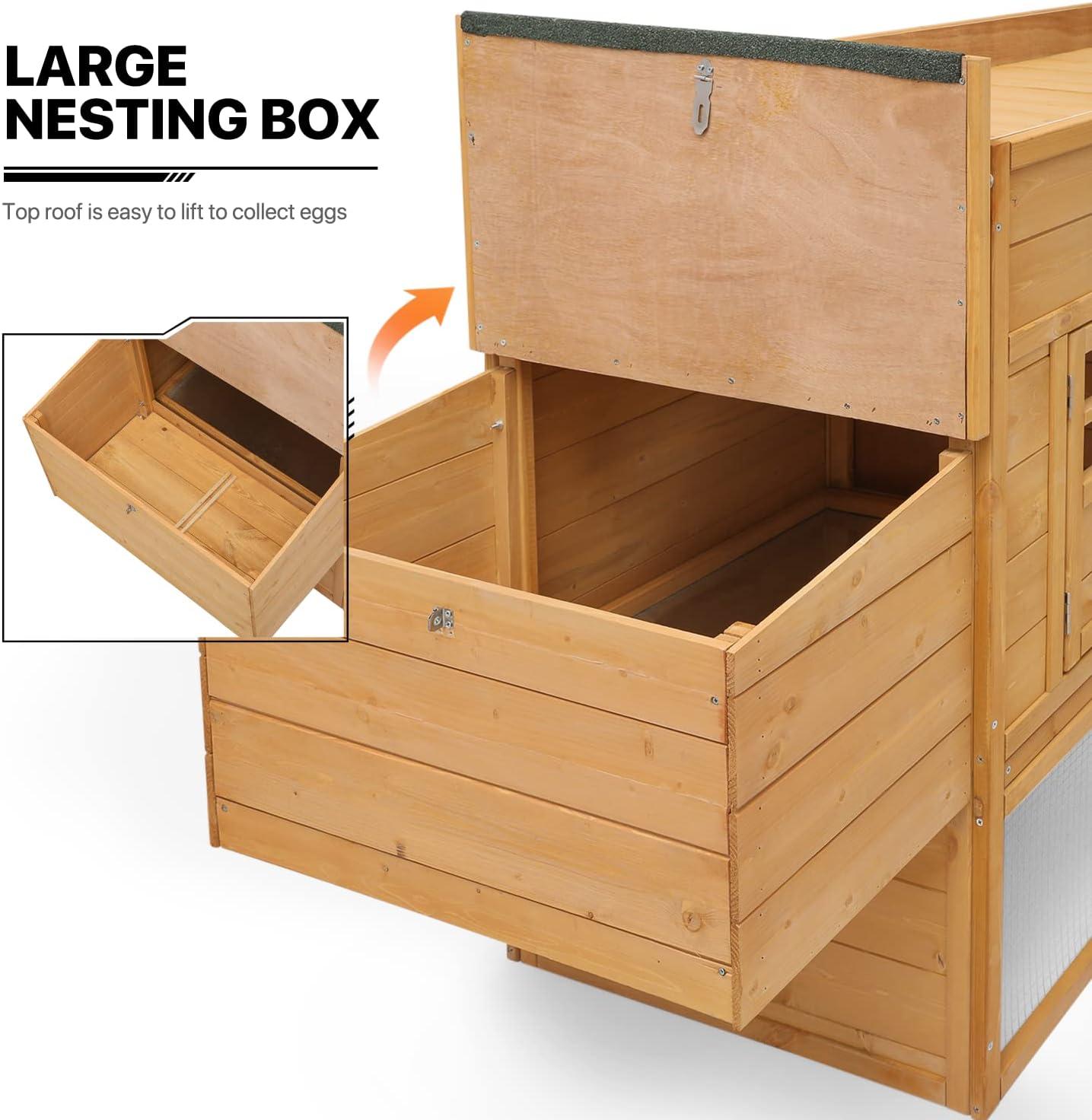 MoNiBloom Outdoor Chicken Coop with Nesting Box, Outdoor Hen Run House with Slide-Out Tray and Sliding Door, Weatherproof Poultry Cage, Rabbit Hutch, Wood Duck House (Natural)