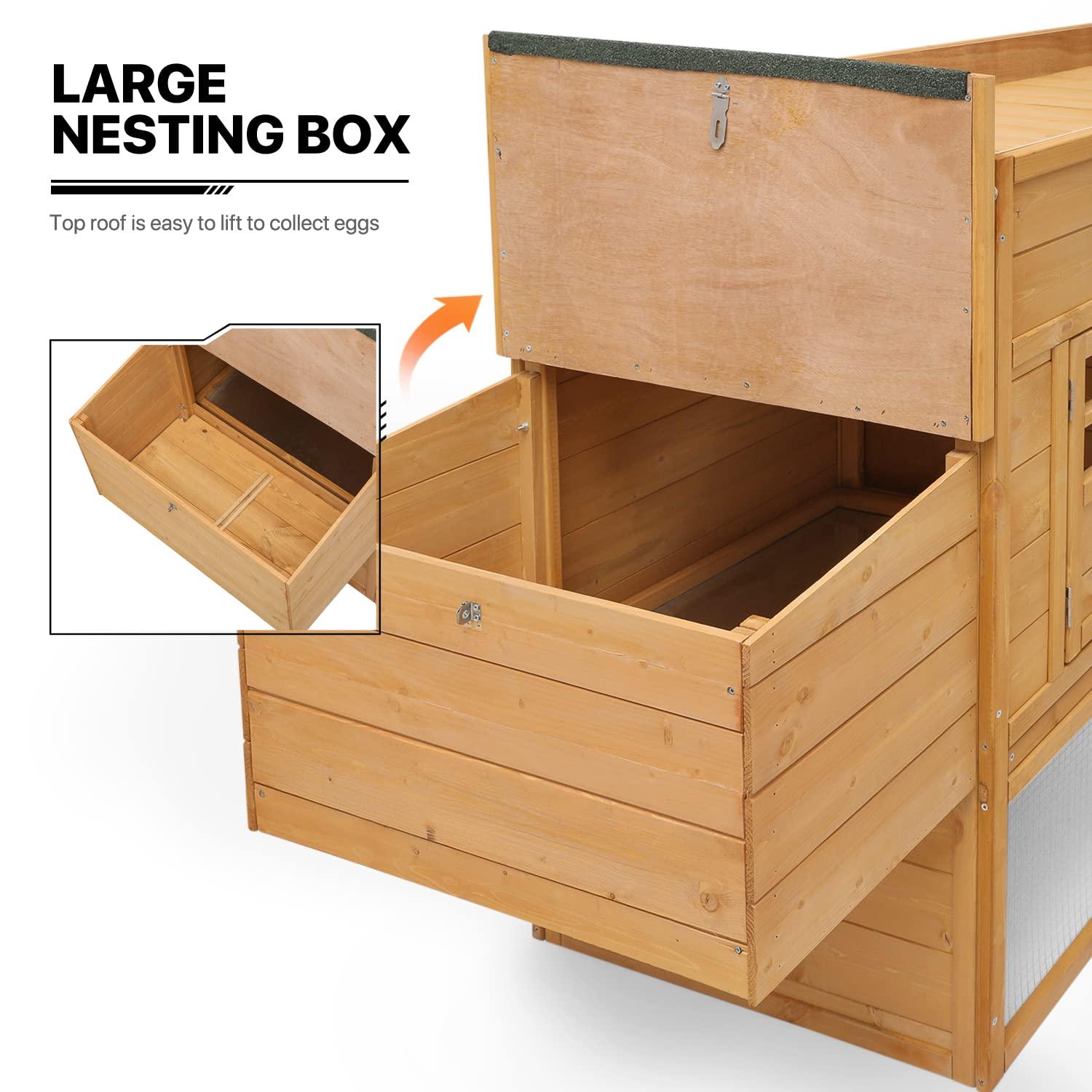 MoNiBloom Outdoor Chicken Coop with Nesting Box, Outdoor Hen Run House with Slide-Out Tray and Sliding Door, Weatherproof Poultry Cage, Rabbit Hutch, Wood Duck House (Natural)